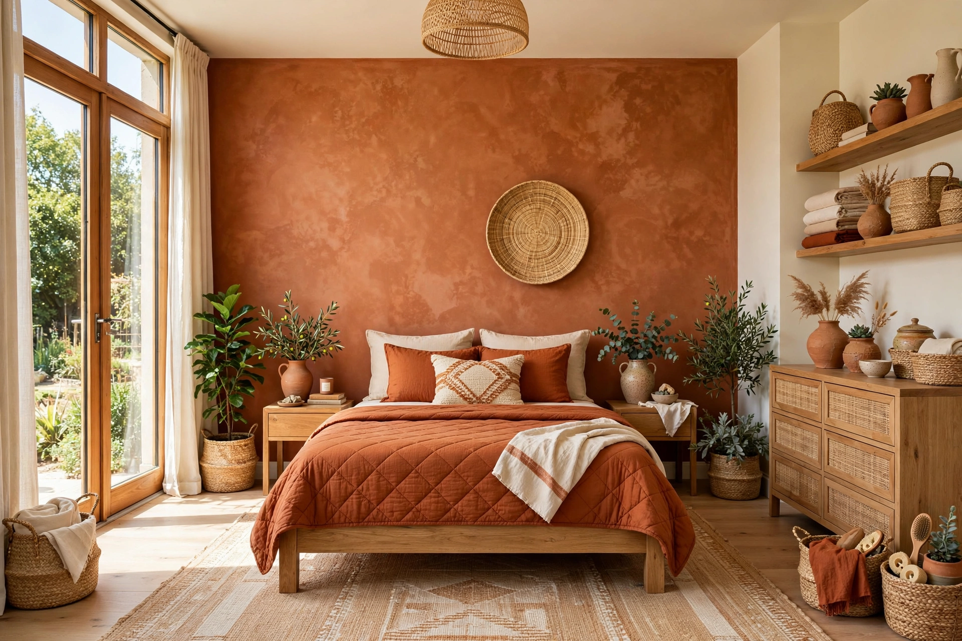 Earthy terracotta bedroom with clay accent wall, rust quilt, woven jute rug, and pottery