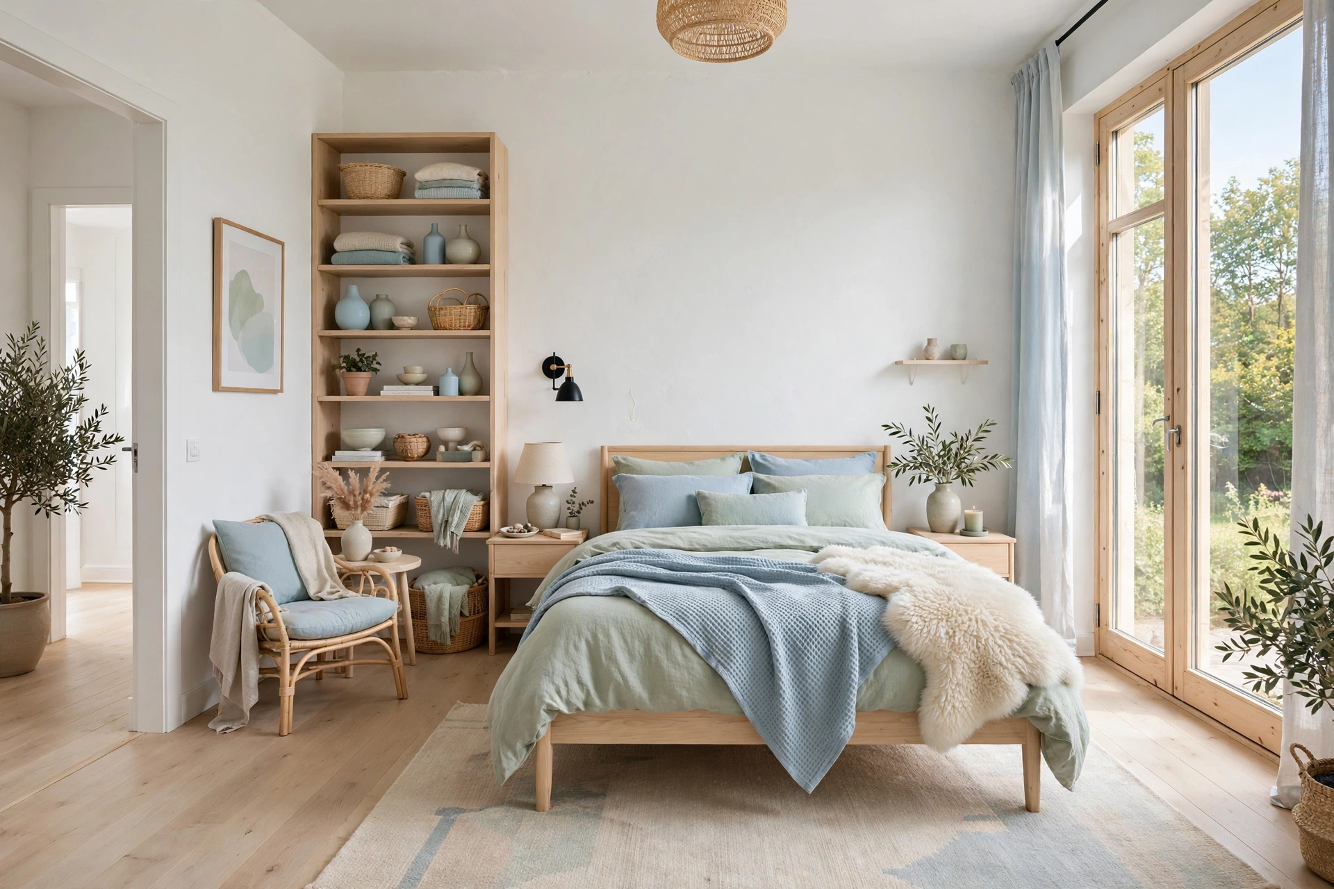 Scandinavian pastel bedroom with pale oak furniture, powder blue bedding, and soft daylight