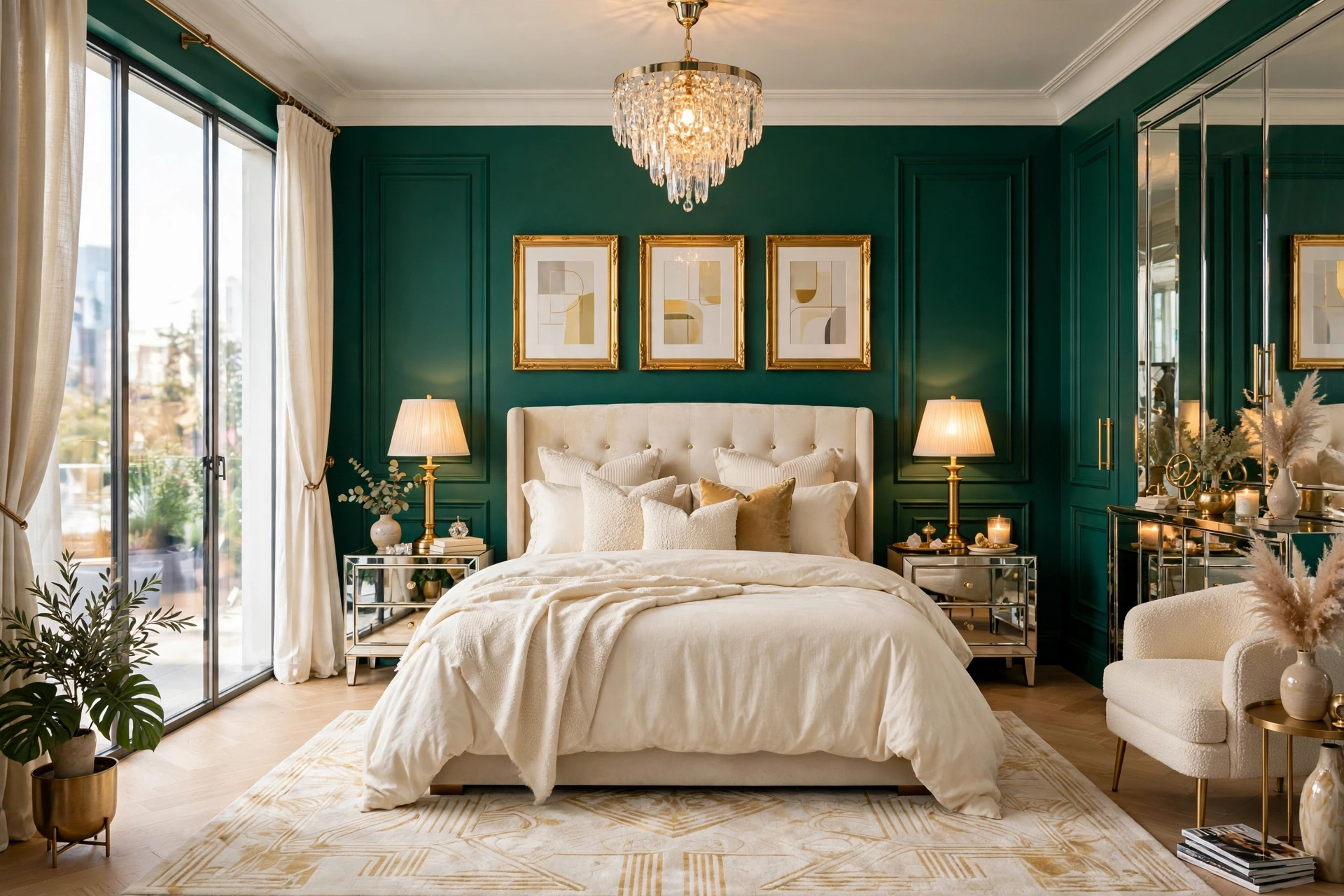 Glam bedroom with emerald walls, gold accents, mirrored nightstands, and crystal pendant light