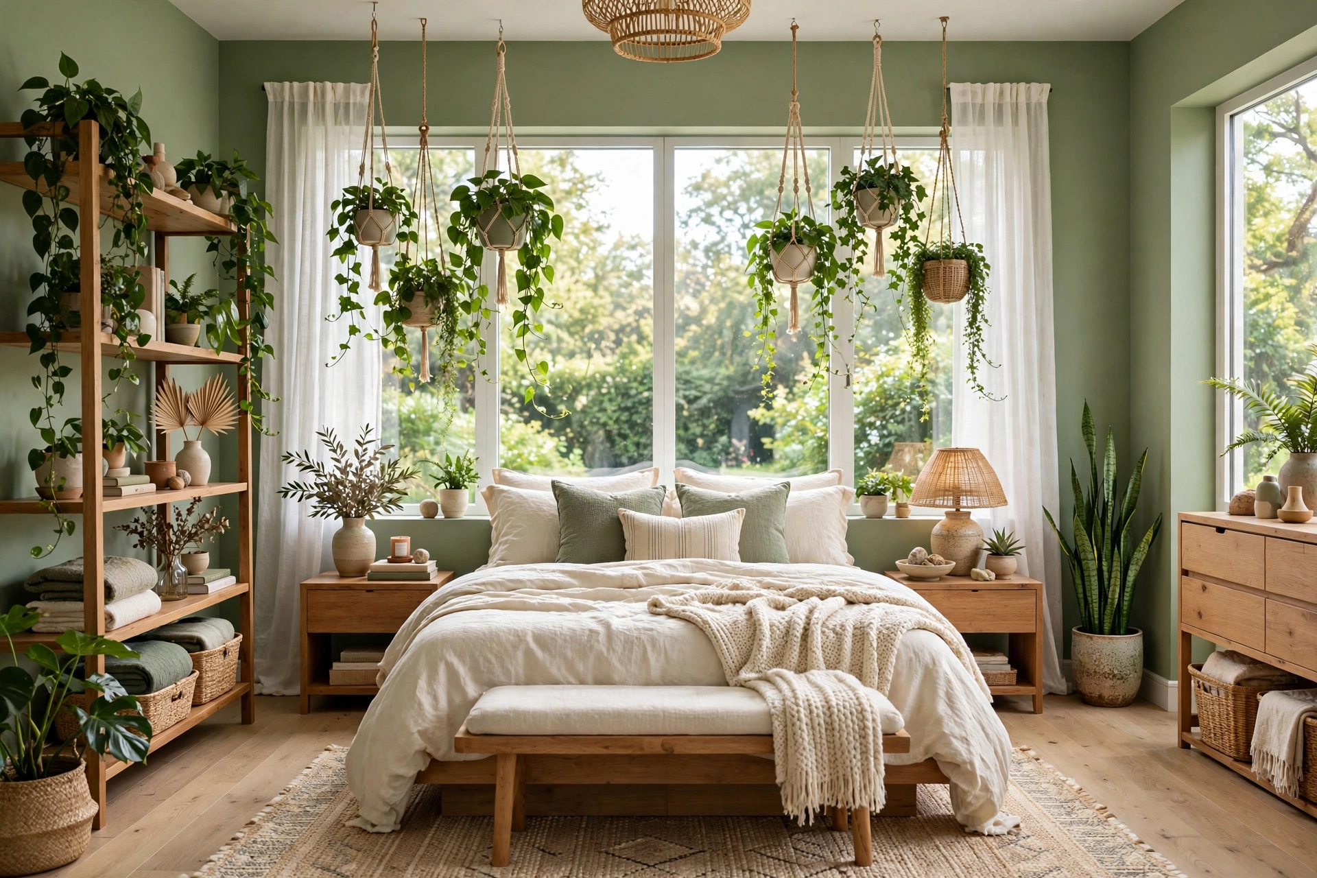 Botanical green bedroom with sage walls, hanging plants, and natural wood furniture
