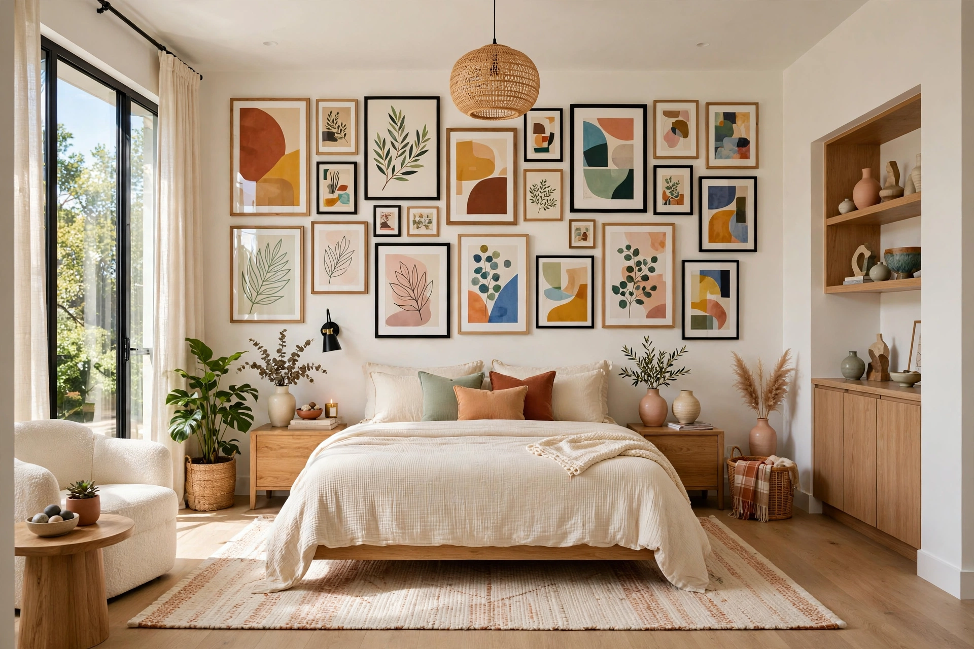 Artsy bedroom with large gallery wall of framed prints above a simply styled bed