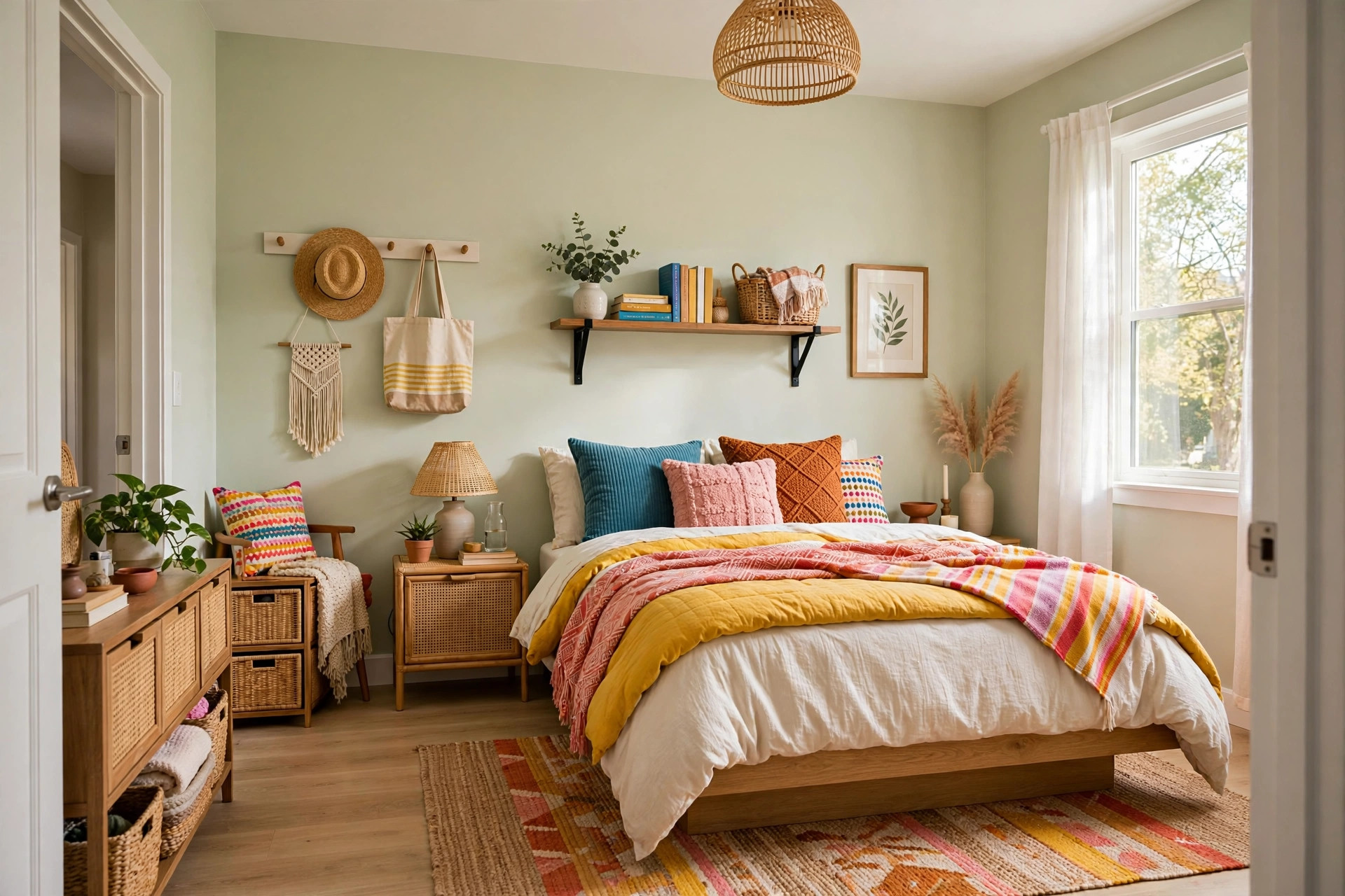 Bright modern bedroom with white bedding, warm beige accent wall, layered textiles, and soft morning light through floor-length curtains