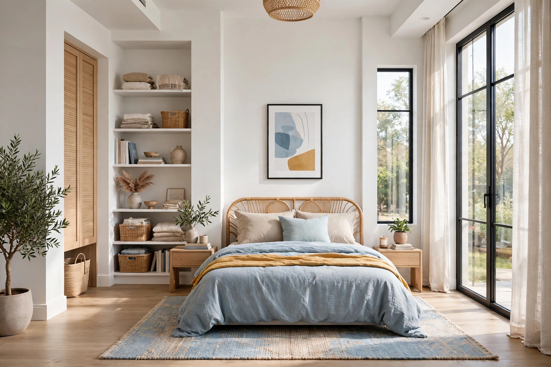 Freshly decluttered bright bedroom with clean white bedding, clear surfaces, and sunlight streaming through open windows