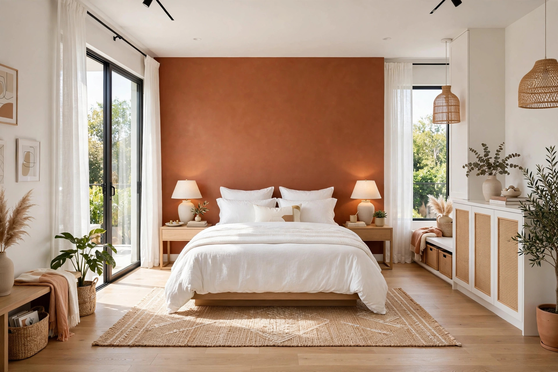 Bedroom with one sage green painted accent wall behind a bed with cream bedding and warm wood nightstands