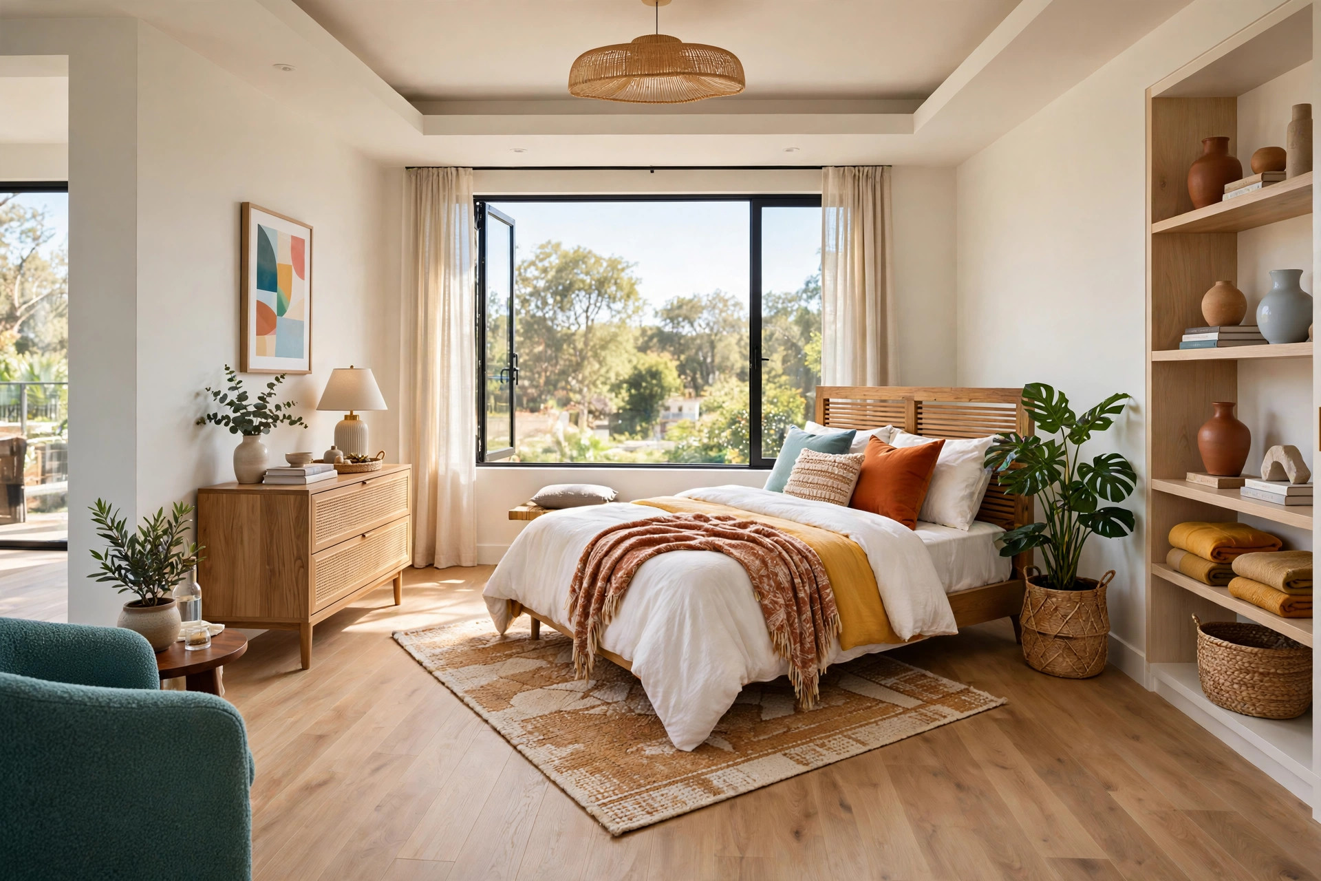 Bedroom with bed placed on the wall opposite the door, clear walkway, and balanced furniture arrangement in warm neutrals