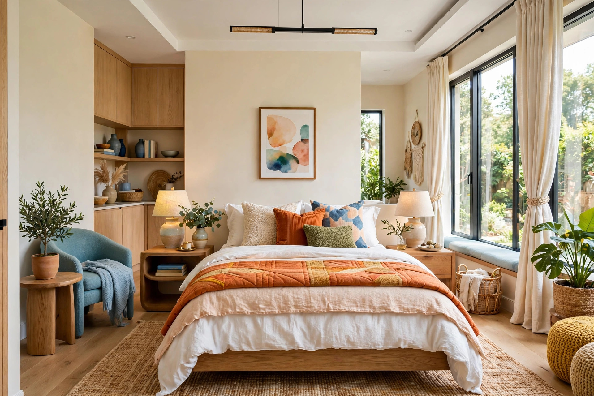 Close view of a styled bed with crisp white duvet cover, folded terracotta throw, and textured cushions in a bright bedroom