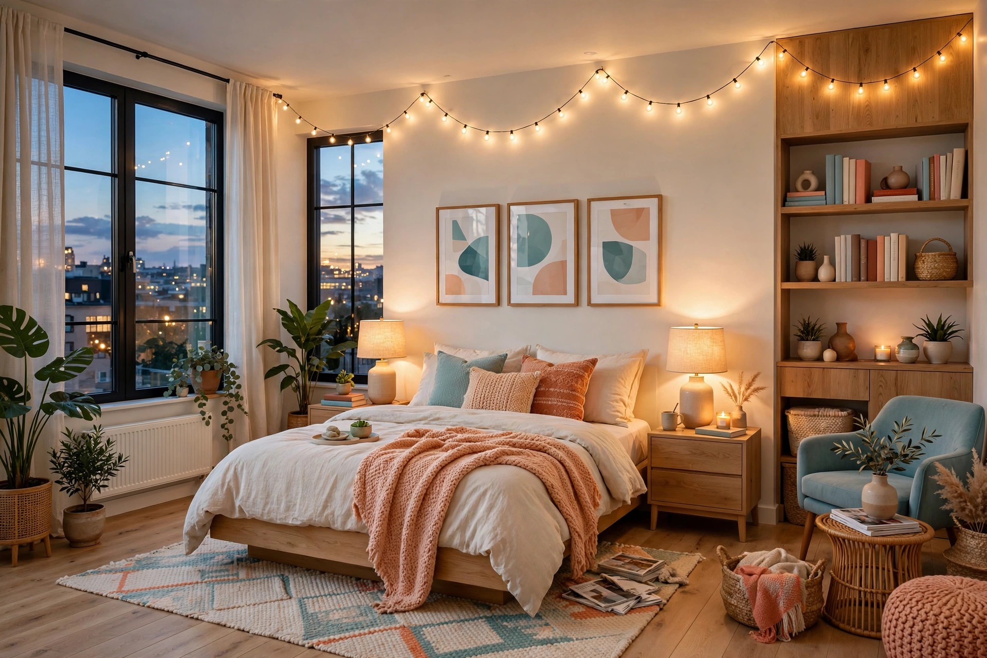 Cozy bedroom at dusk lit by a warm floor lamp, matching nightstand lamps, and soft string lights along a shelf