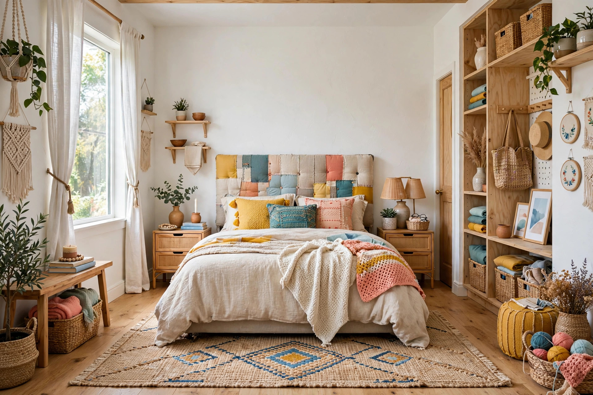 Bedroom with a tall DIY upholstered fabric panel headboard in oatmeal linen behind white bedding