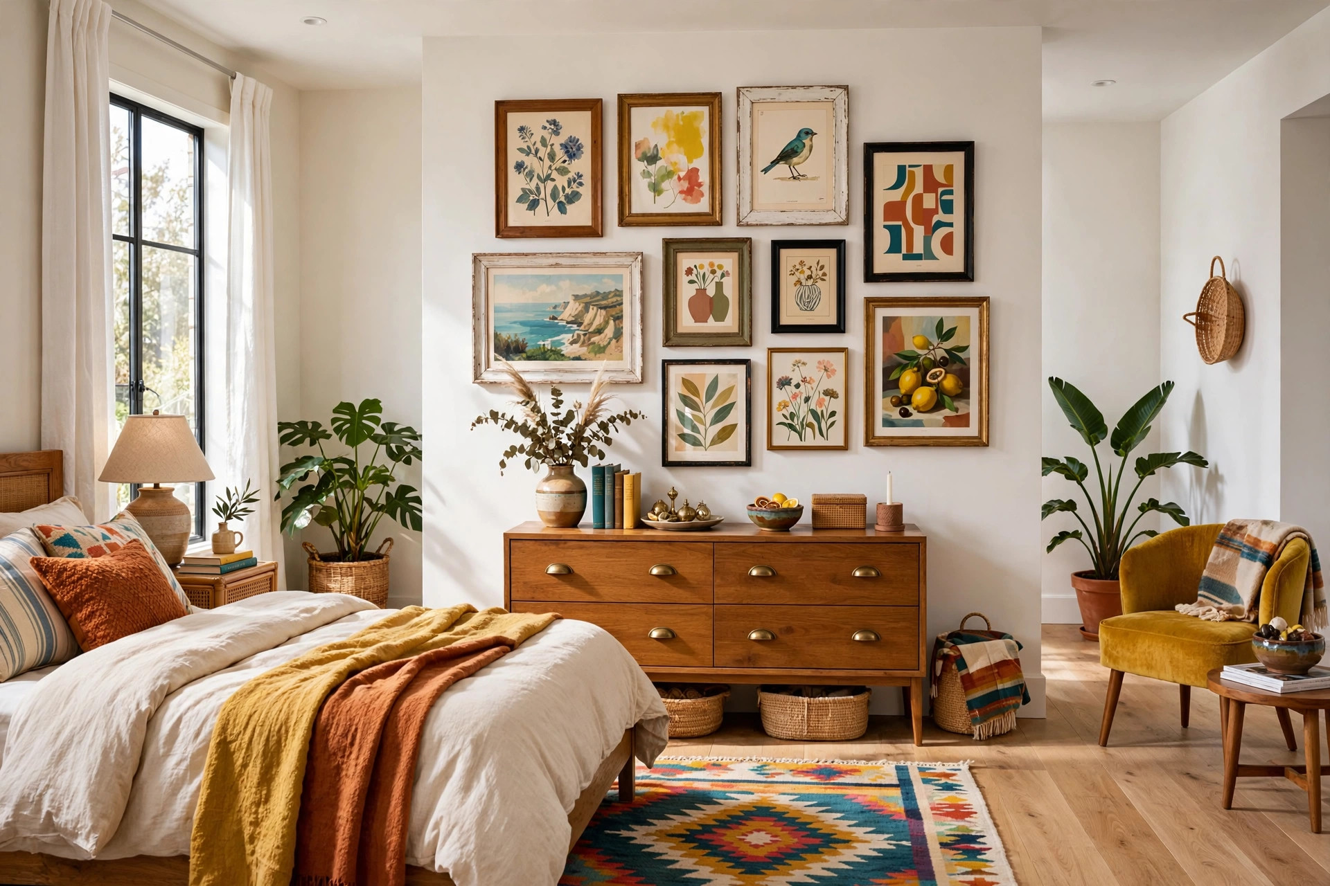 Bedroom wall with a curated gallery of framed botanical prints in matching black frames above a wooden dresser