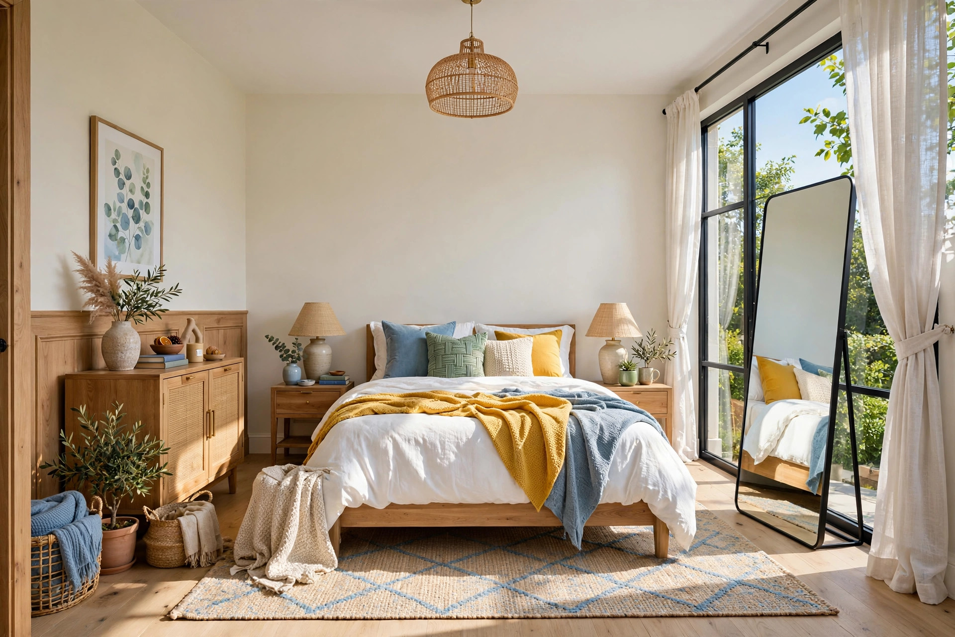 Bright bedroom with a tall full-length mirror leaning against the wall beside a sunlit window, reflecting the styled bed
