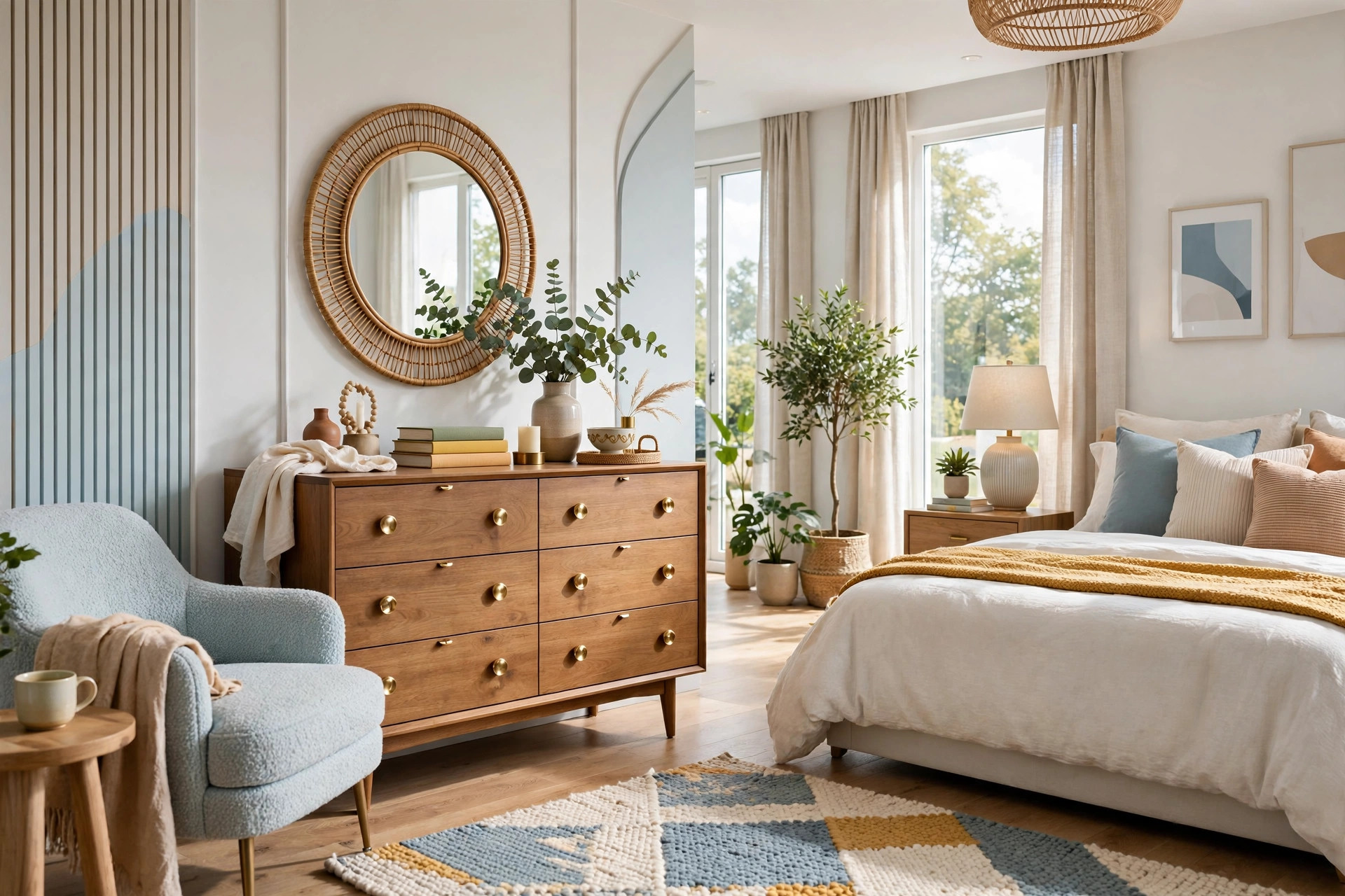 Close view of a bedroom dresser with new brass drawer pulls, a styled tray, and a small plant in warm light