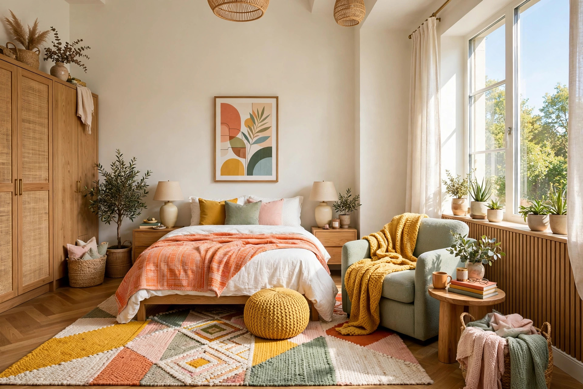 Cozy bedroom reading corner with a thrifted armchair, small side table, floor lamp, and books near a window