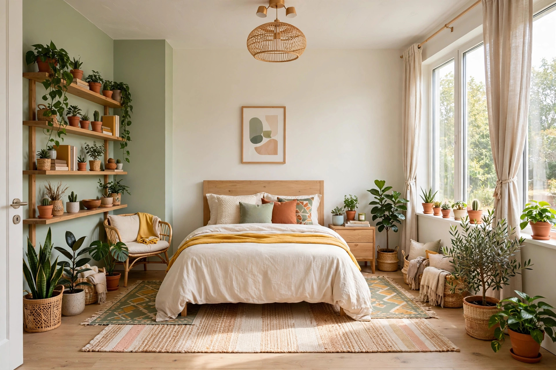 Bright bedroom corner with a tall snake plant in a terracotta pot and a trailing pothos on top of a wardrobe