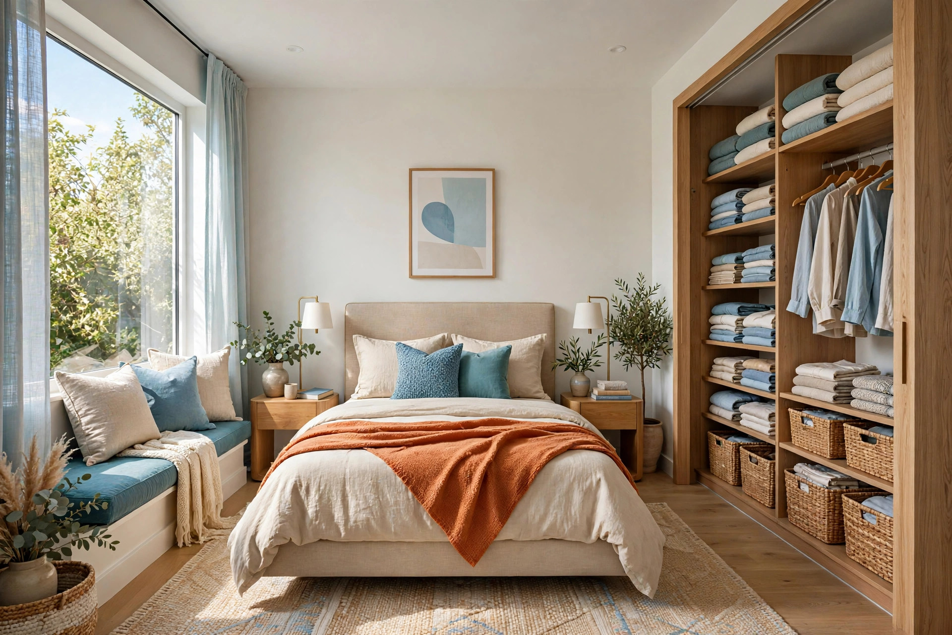 Neatly organized bedroom closet with matching wooden hangers, fabric storage bins, and folded clothes in drawers