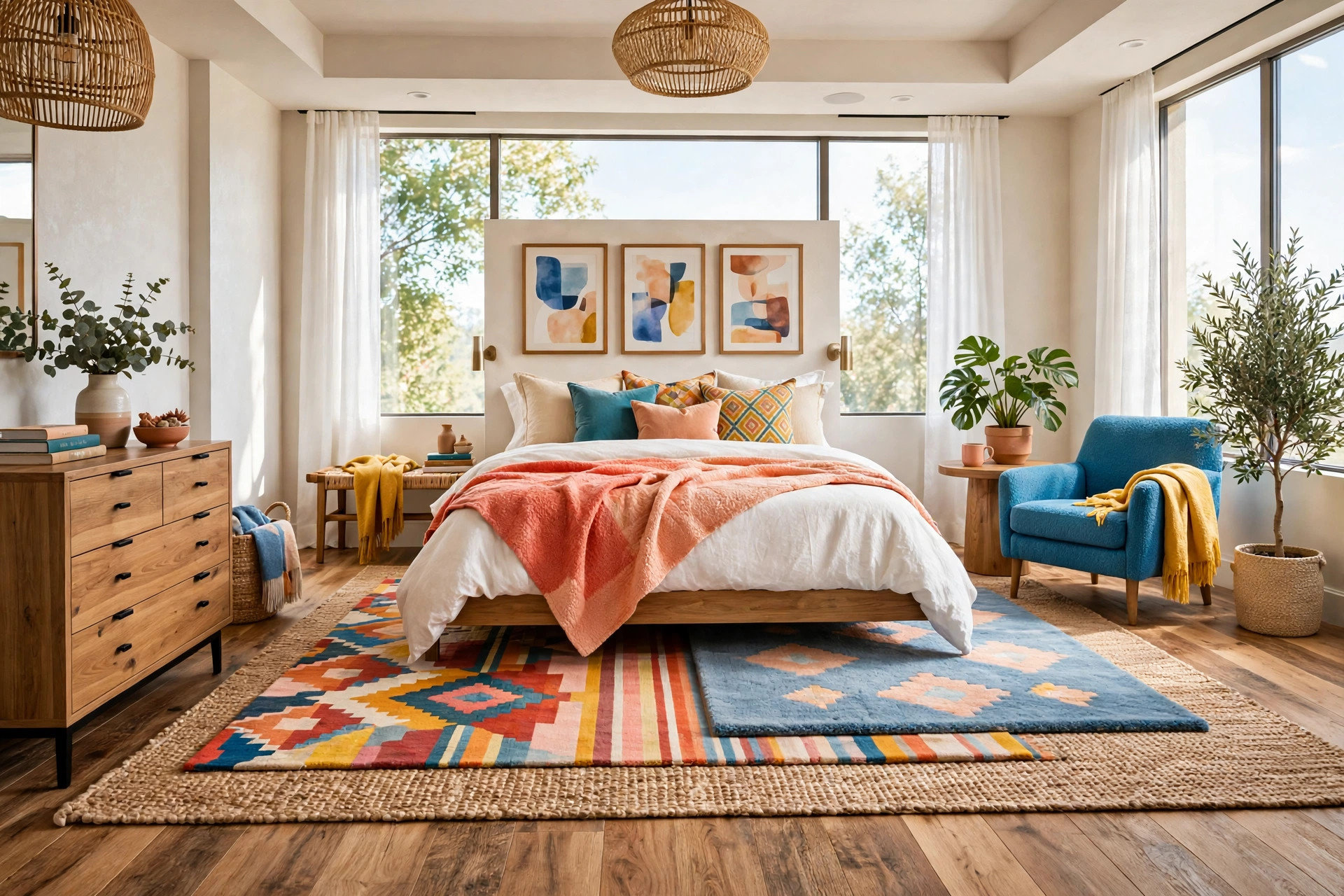 Warm bedroom with a large jute area rug layered under a smaller soft rug beside a bed with cream bedding