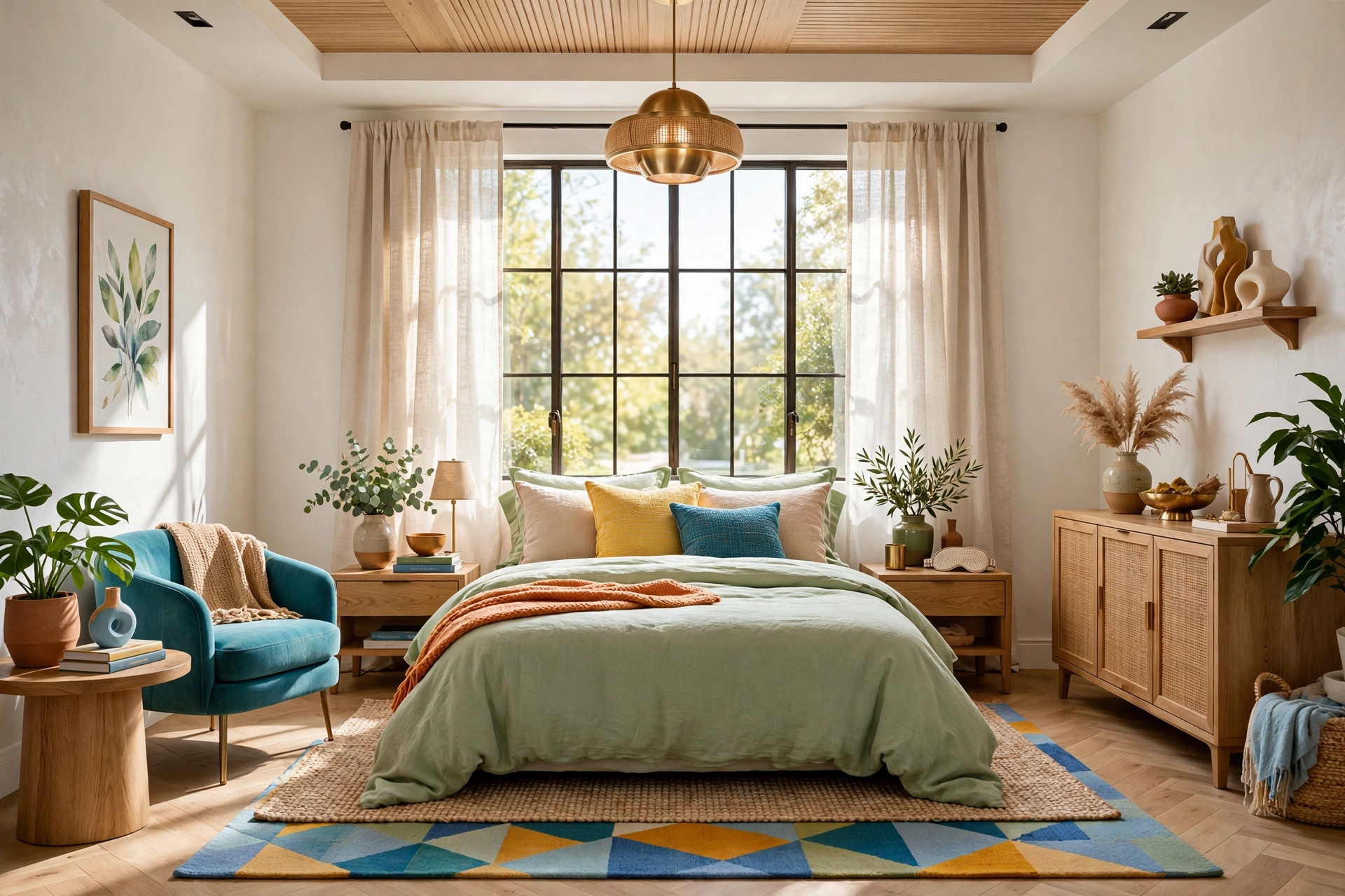 Bedroom window with floor-length linen curtains hung high near the ceiling, framing bright daylight