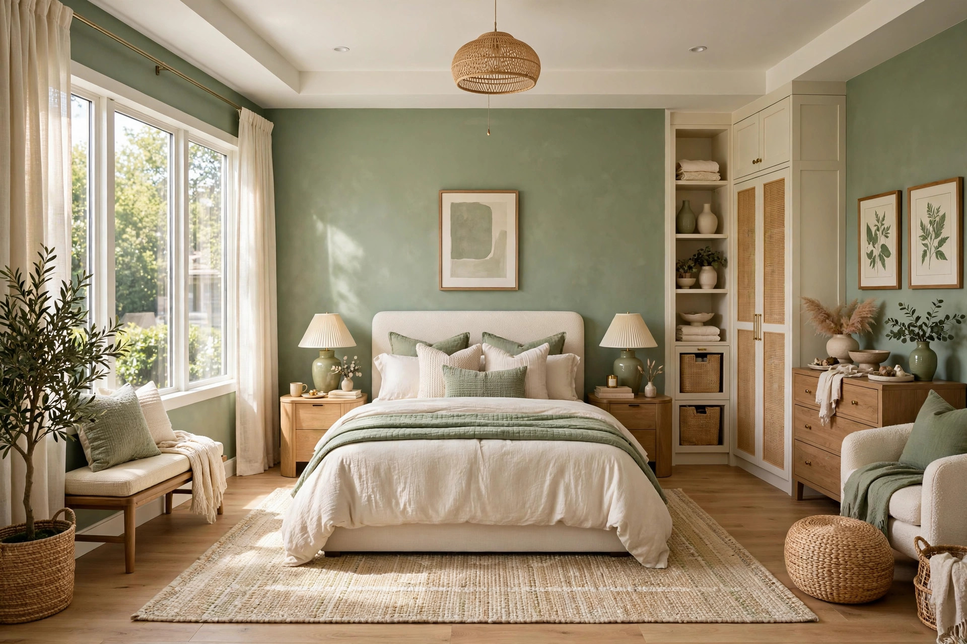 Finished cohesive bedroom in warm white, beige, and terracotta tones with styled bed, art, and layered lighting