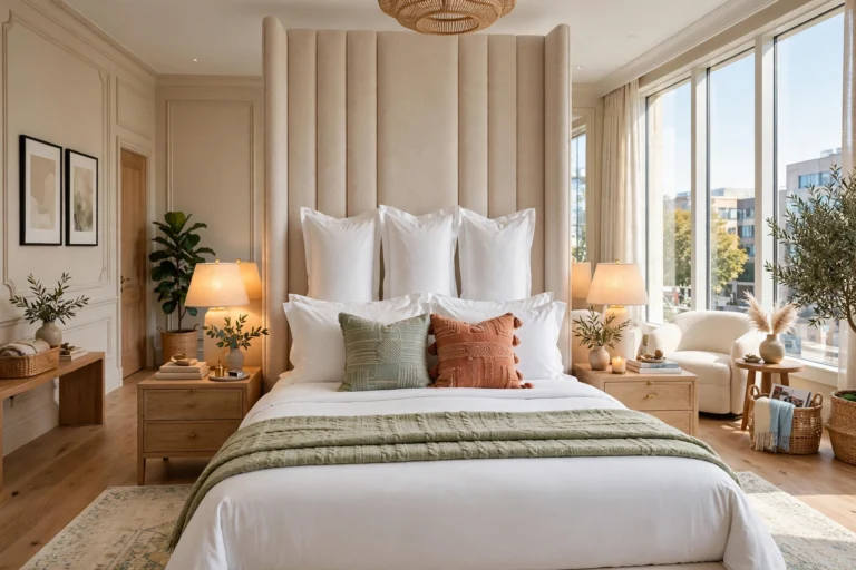 Hotel-style bed with crisp white linens, layered pillows and a tall beige upholstered headboard in a bright luxury bedroom