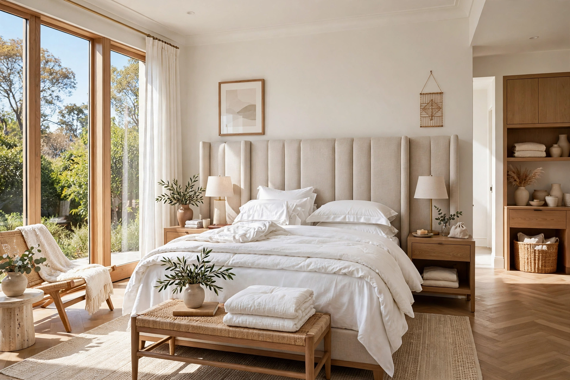 Crisp white hotel bedding with smooth sheets and duvet on a tall bed in a bright airy bedroom