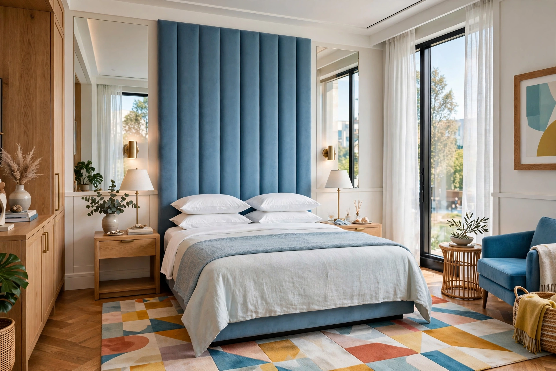 Sleeping pillows stacked flat in neat upright rows against a tall headboard