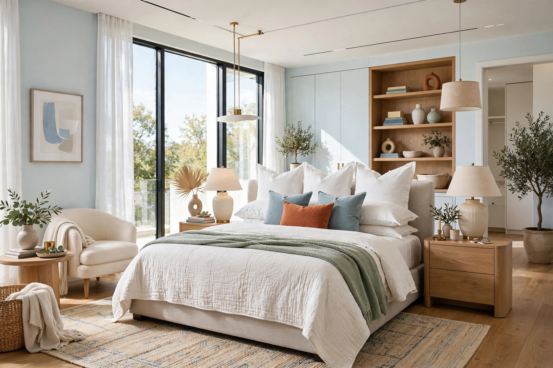 Tall white euro shams standing behind sleeping pillows against a headboard