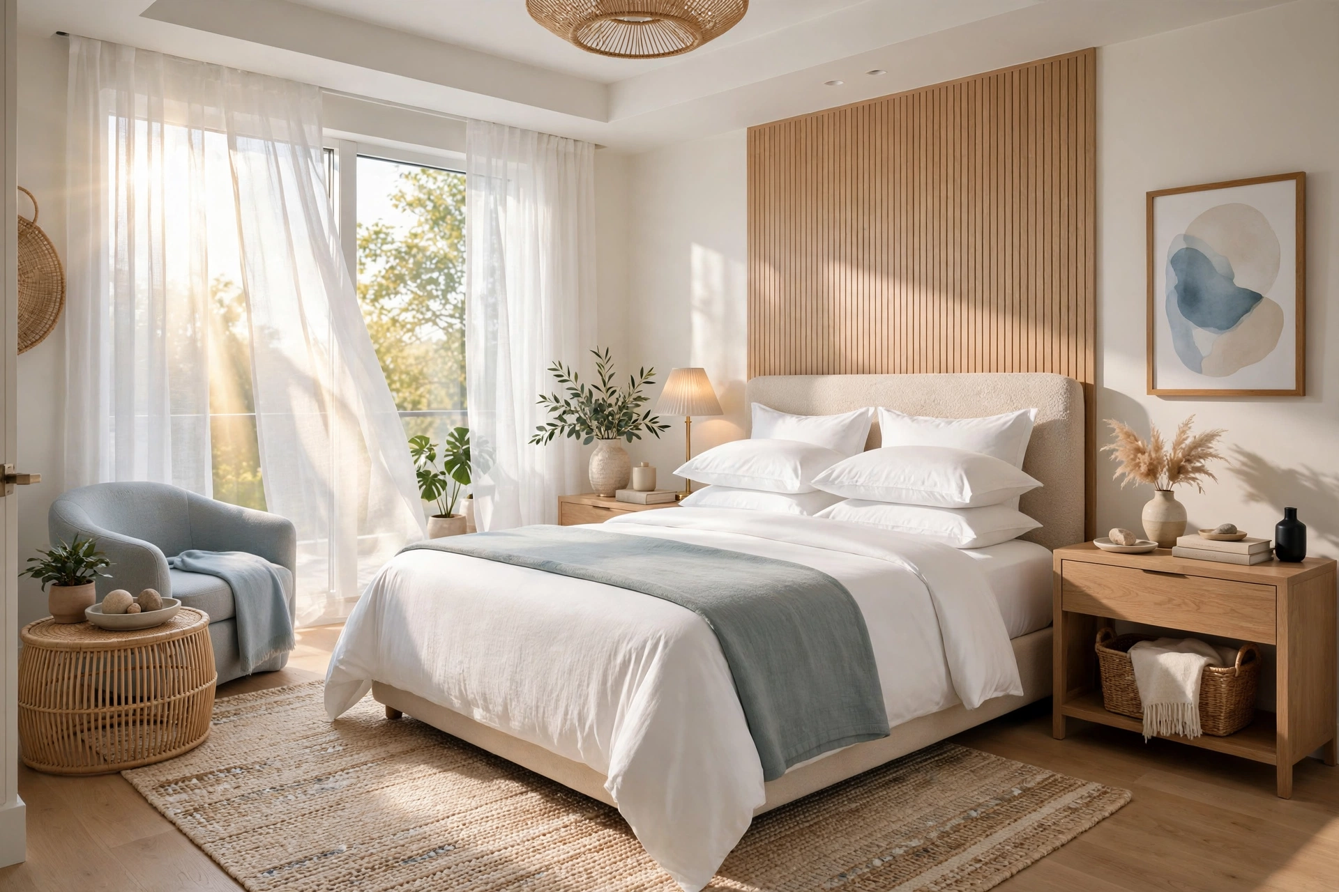 Freshly made hotel-style bed in a bright bedroom with morning sunlight through sheer curtains