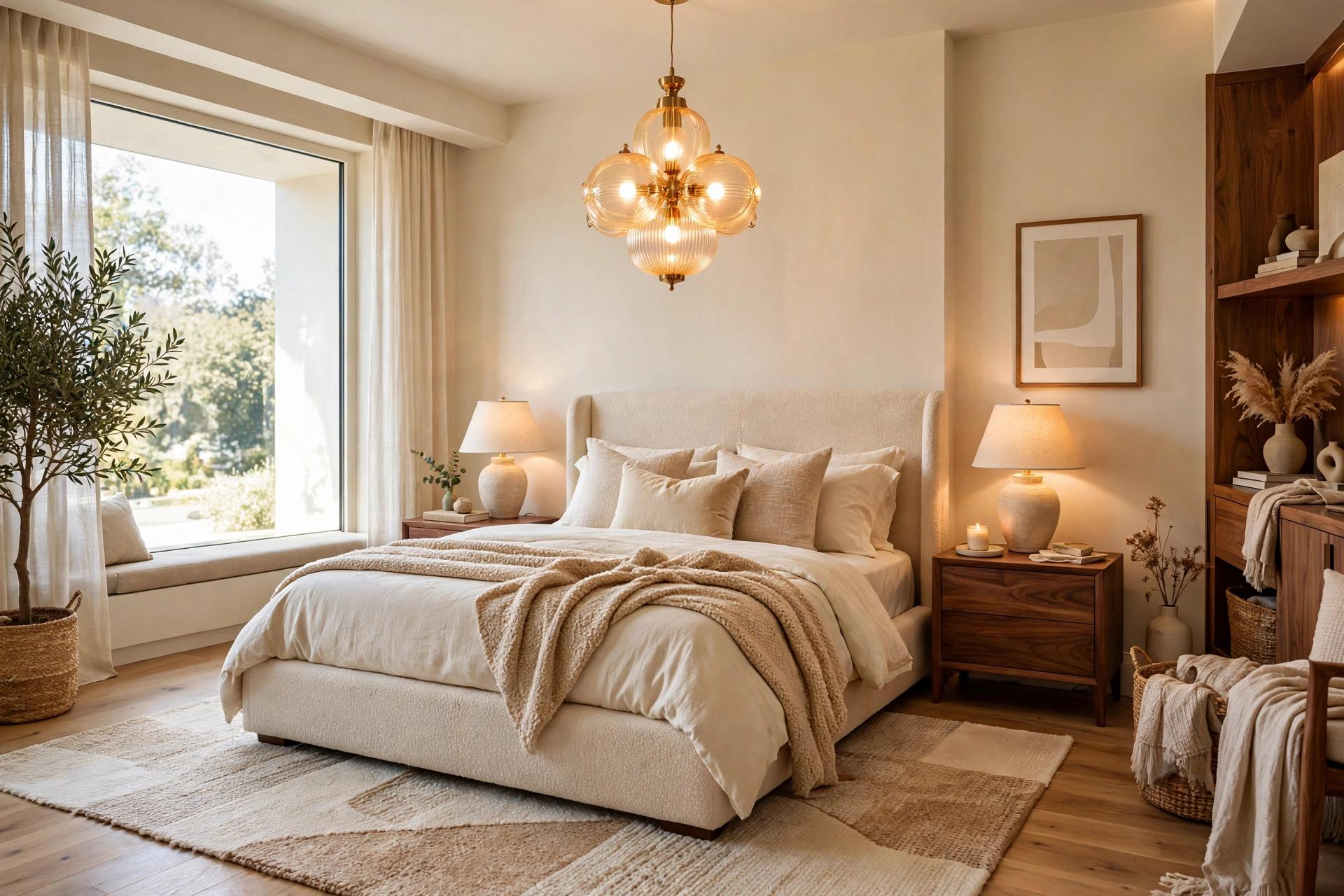Bright luxury bedroom with glowing statement pendant over a plush upholstered bed and matching lamps on both nightstands