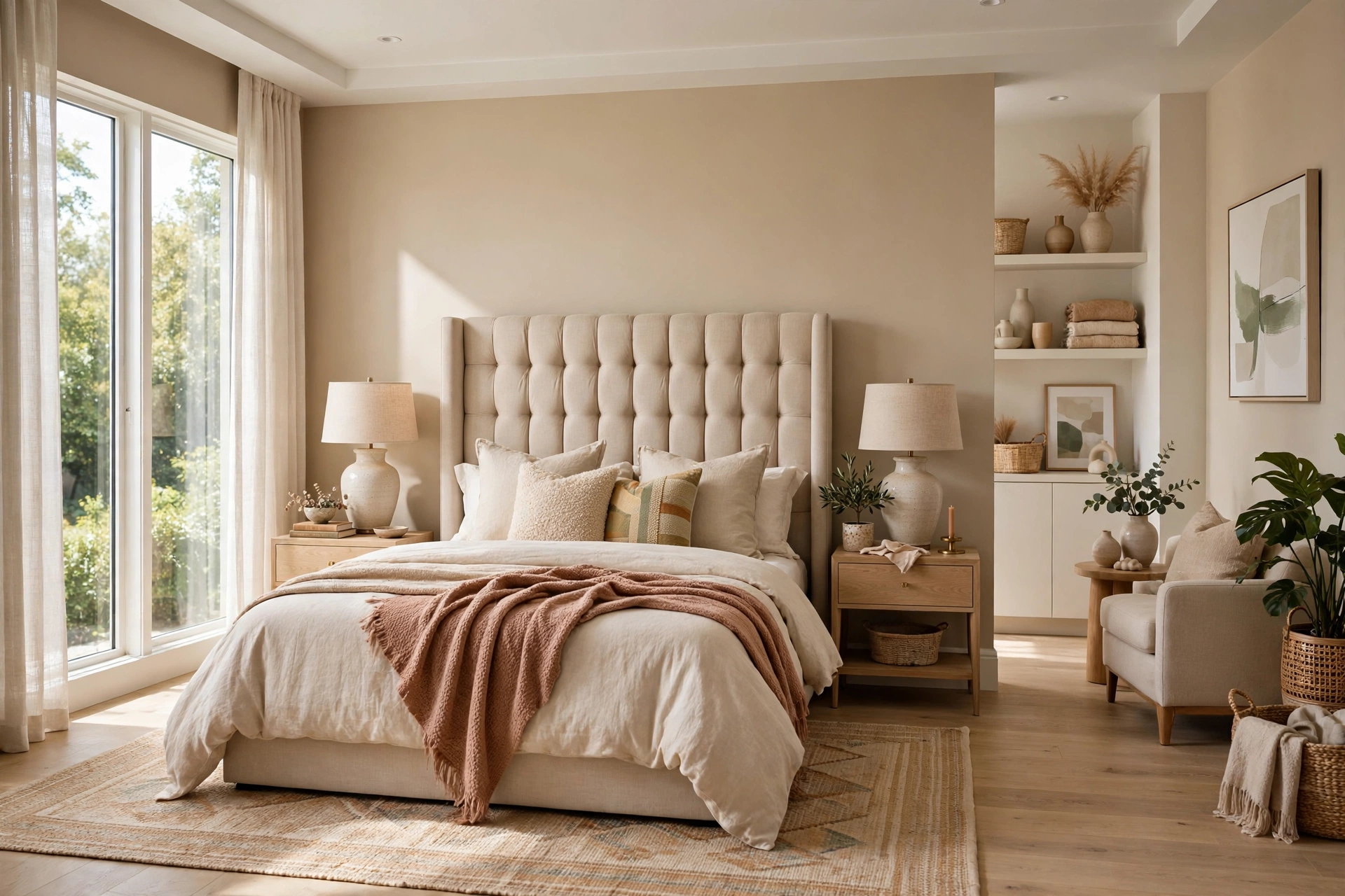 Matching ceramic bedside table lamps with natural linen drum shades on nightstands in an elegant bedroom