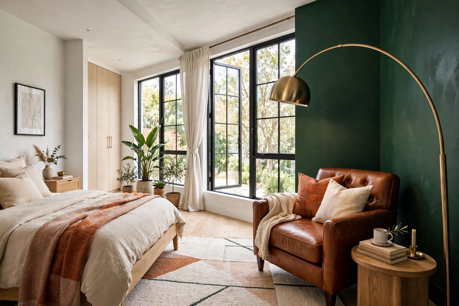 Sculptural brushed-brass arc floor lamp curving over an armchair in a cozy bedroom reading corner