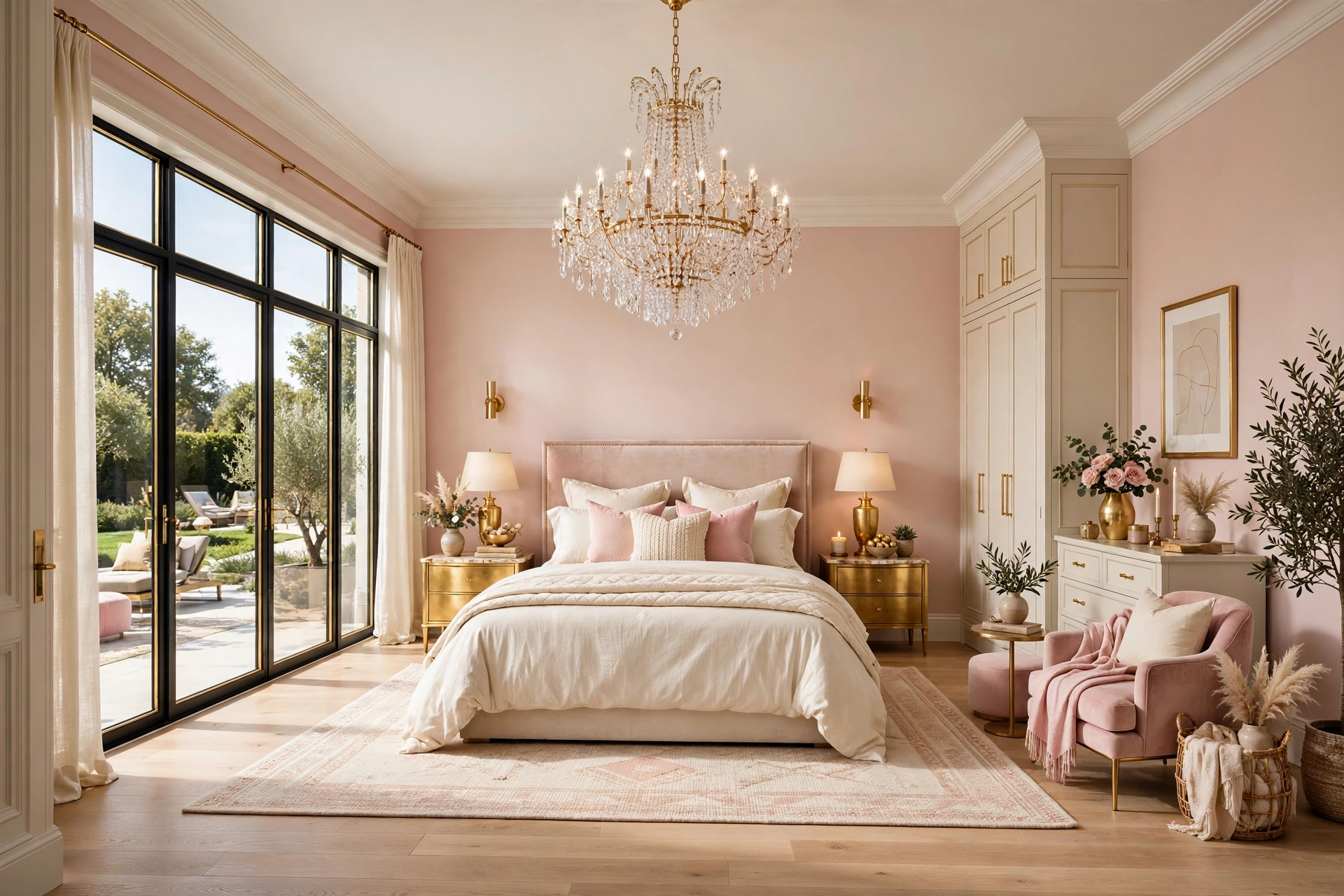 Sparkling crystal chandelier centered over a luxurious master bedroom bed