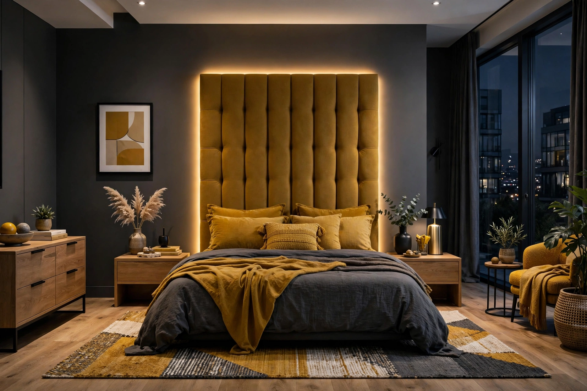 Soft warm LED strip glow hidden behind a tall tufted headboard in a modern bedroom