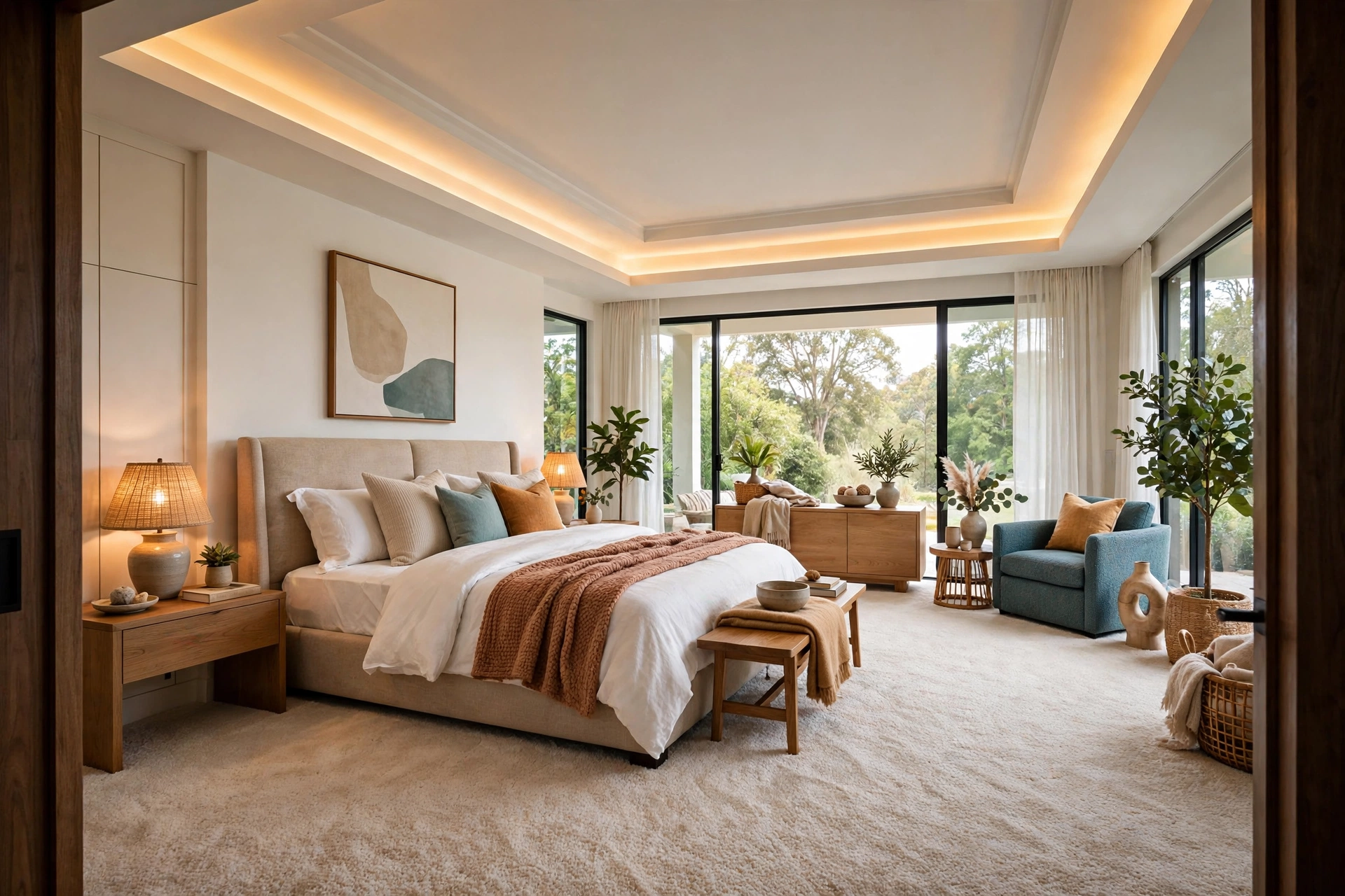 Tray ceiling with hidden warm cove lighting washing the perimeter of a spacious bedroom