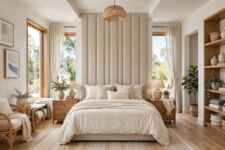 Bright modern bedroom centered on a tall oatmeal linen upholstered panel headboard behind a neatly dressed bed, cream bedding, oak nightstands, wide-angle full room view