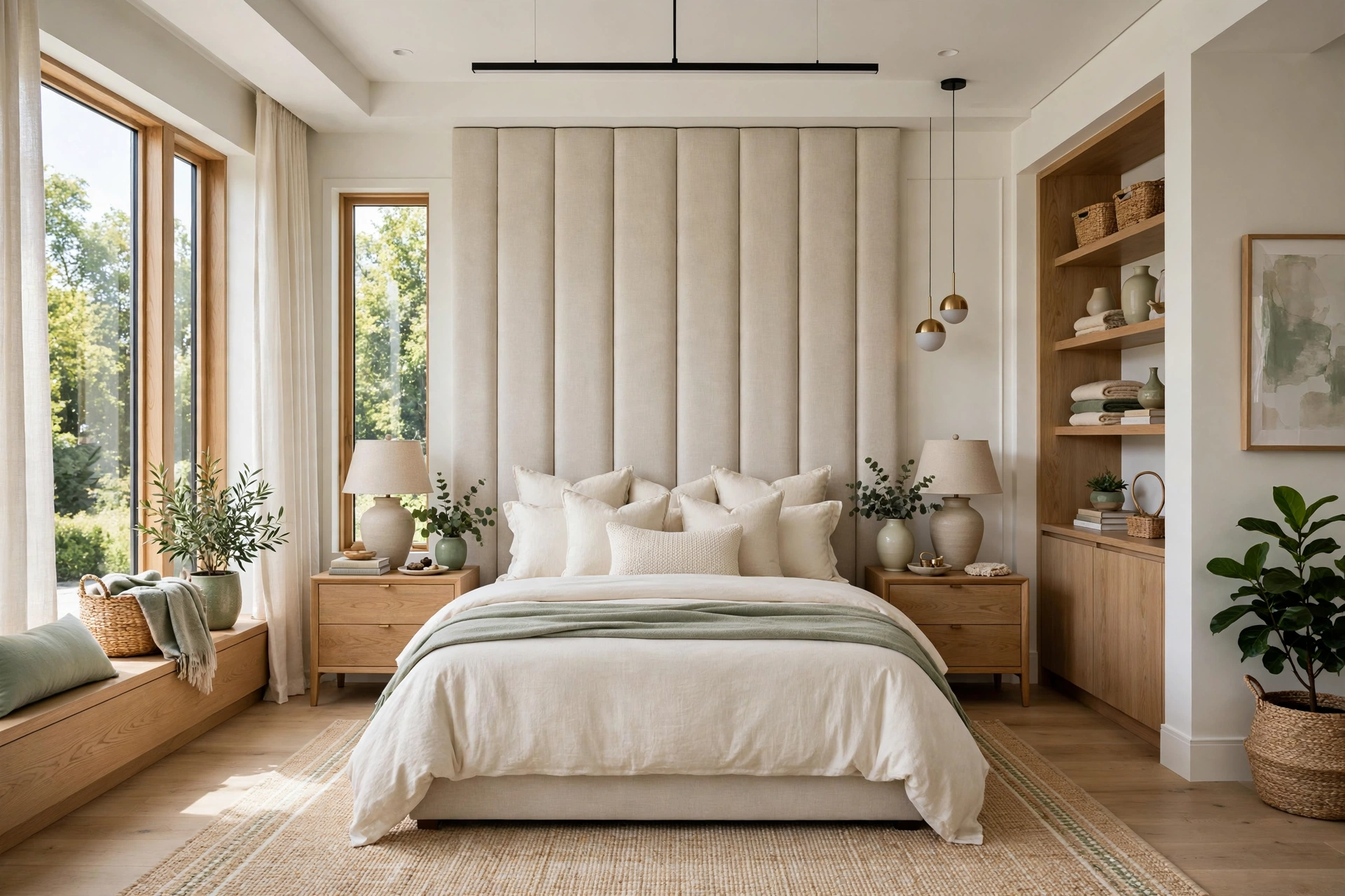 Bright modern bedroom with a tall oatmeal linen upholstered panel headboard behind a neatly dressed bed, layered cream pillows, oak nightstands, wide-angle full room view