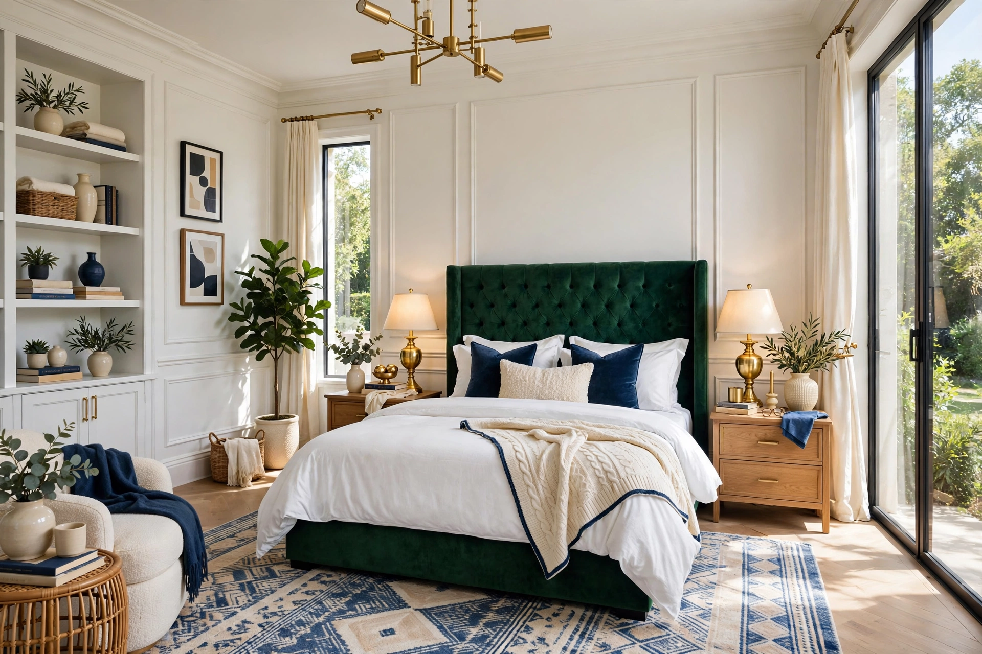 Bright elegant bedroom with an emerald green tufted velvet headboard with button dimples, crisp white bedding, brass table lamps, wide-angle full room view
