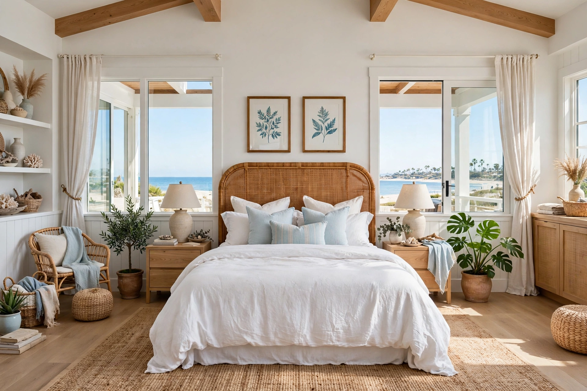 Bright coastal bedroom with a honey-toned rattan weave headboard, white linen bedding, jute rug, potted plant, wide-angle full room view