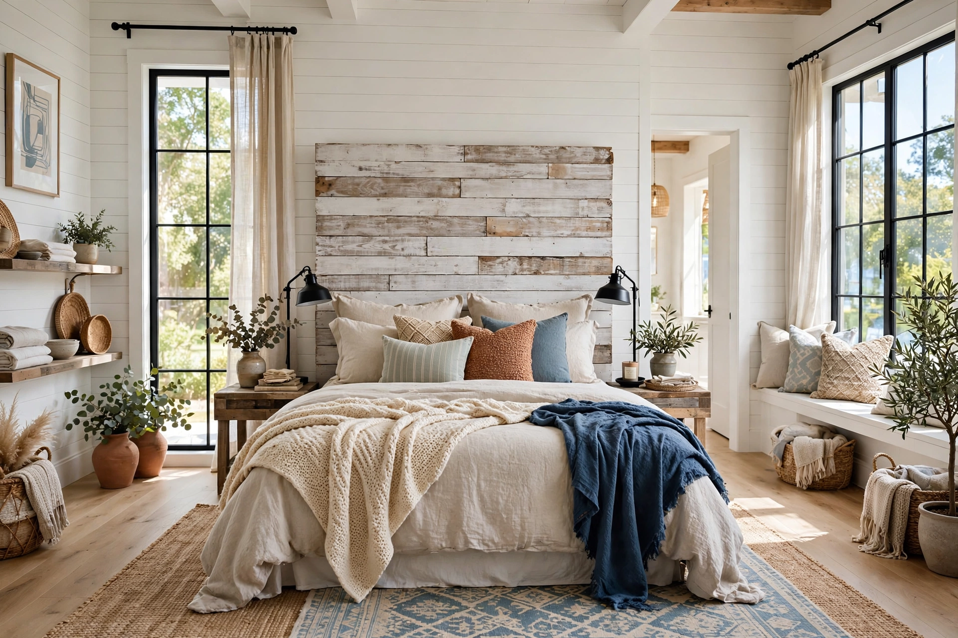 Bright farmhouse bedroom with a whitewashed reclaimed wood plank headboard, neutral bedding, black metal lamps, wide-angle full room view