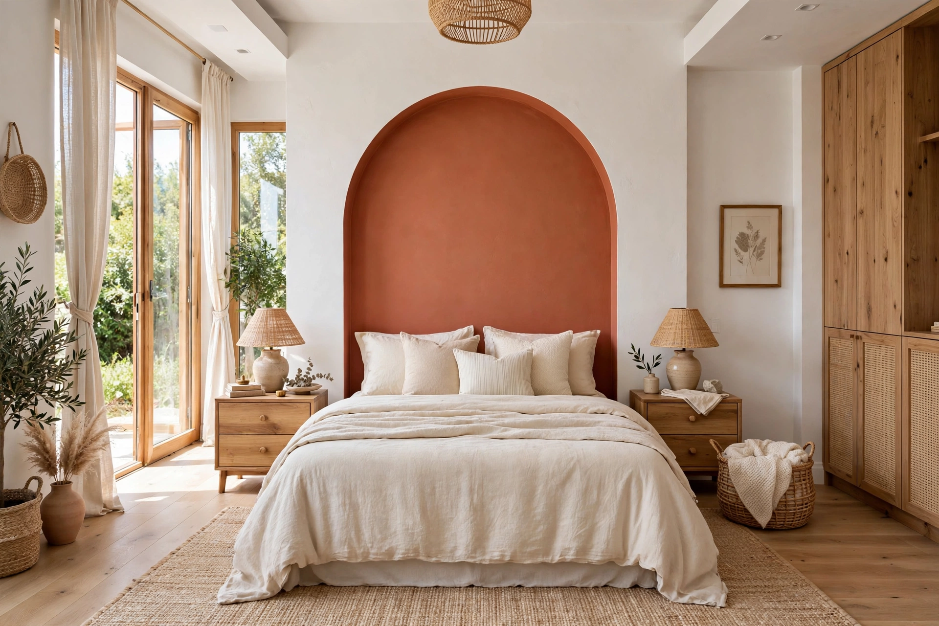 Bright bedroom with a terracotta painted arch on the white wall behind the bed acting as the headboard, cream bedding, wooden nightstands, wide-angle full room view