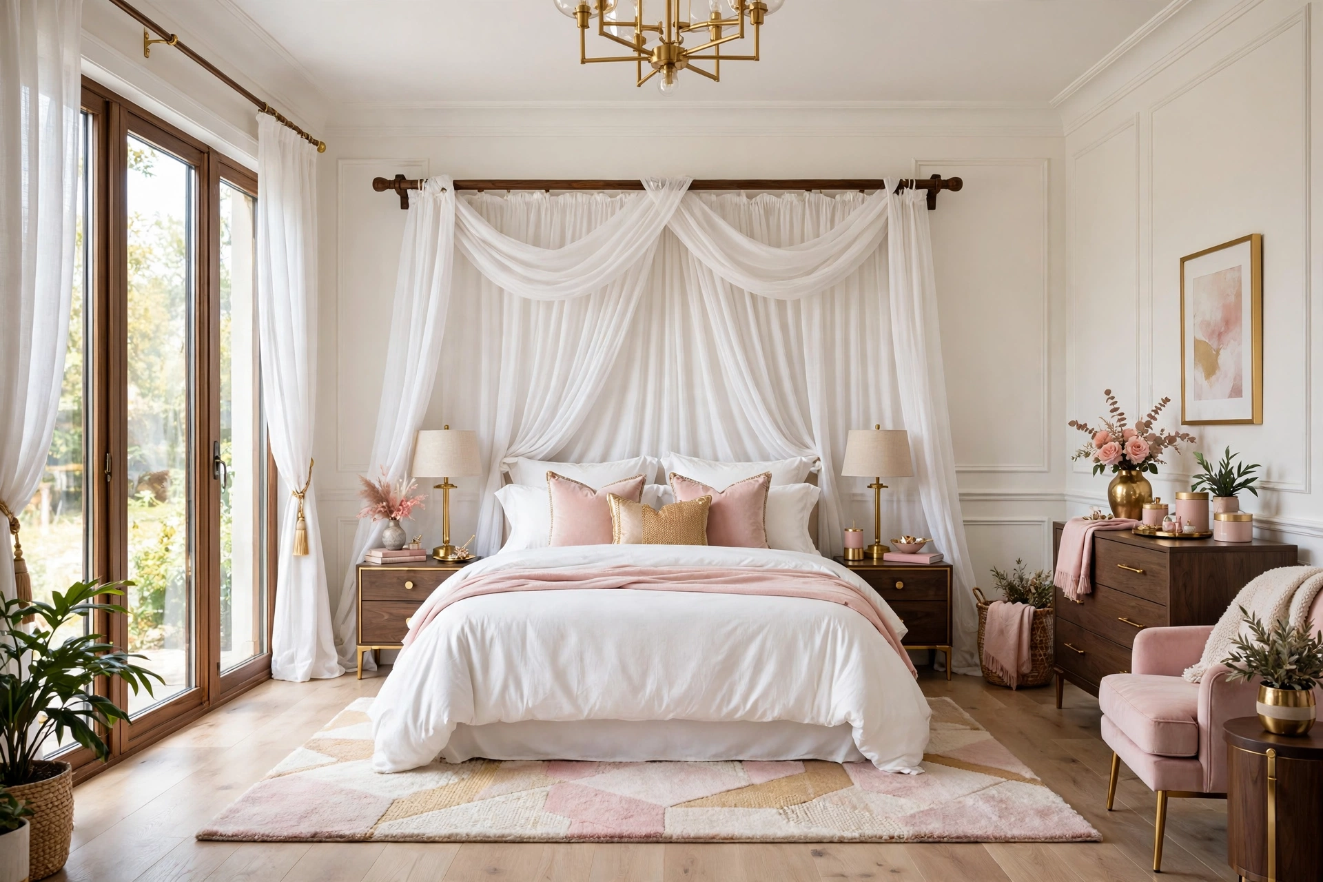 Bright romantic bedroom with sheer white fabric draped from a curtain rod forming a soft canopy headboard behind the bed, blush accents, wide-angle full room view