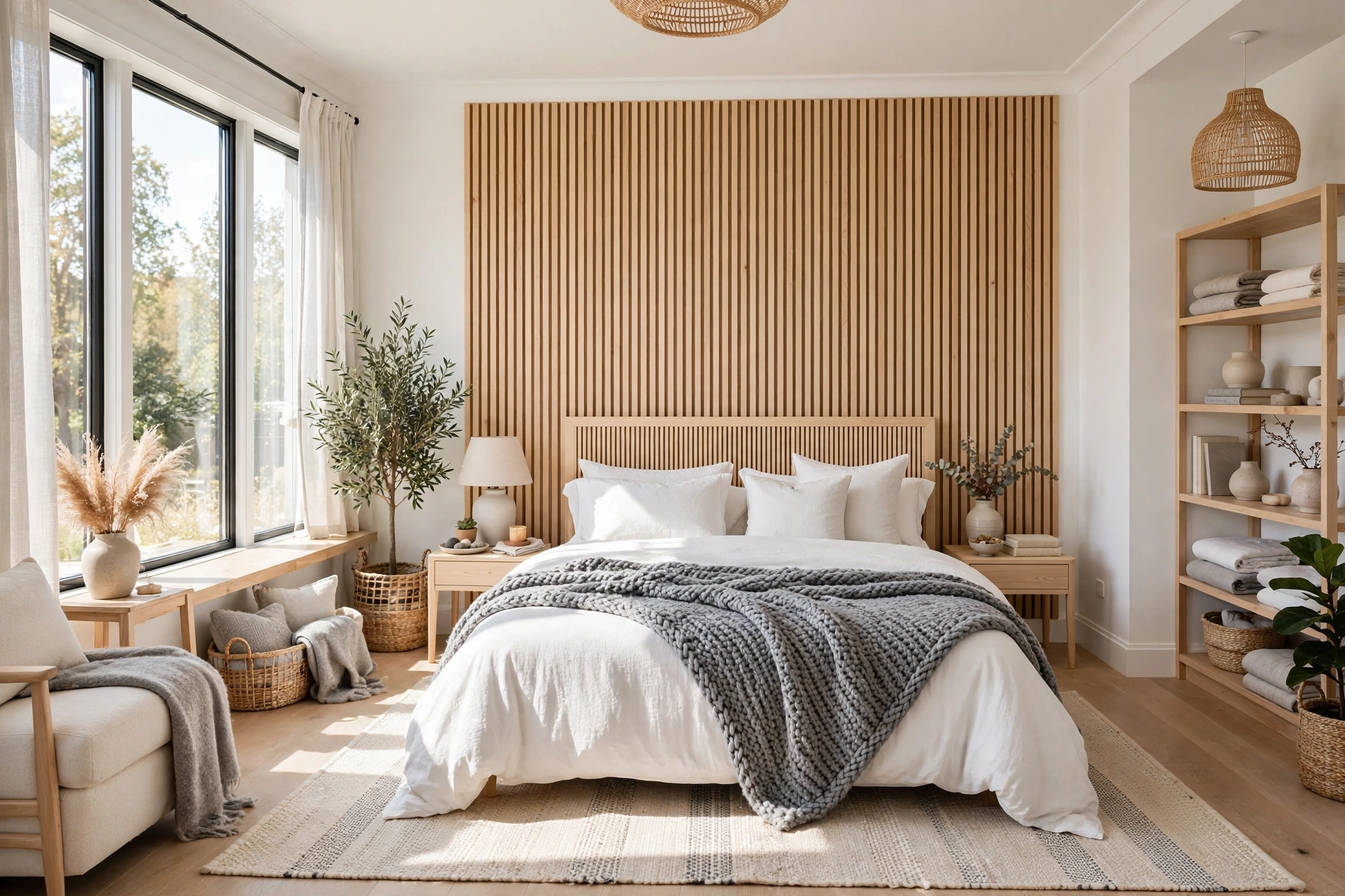 Bright Scandinavian bedroom with a pale oak slatted wood headboard, white bedding, minimal styling, light wood floor, wide-angle full room view