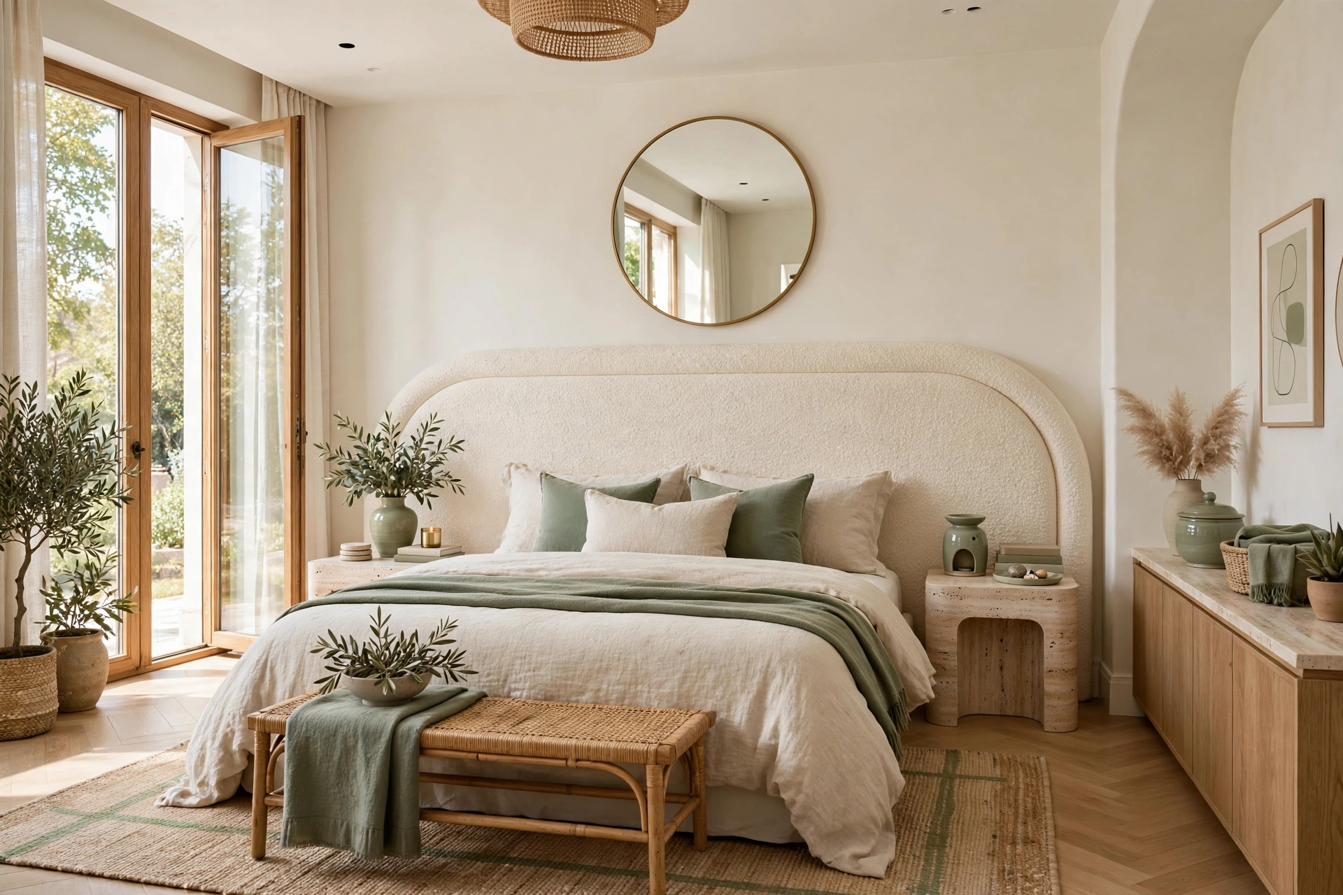 Bright modern bedroom with an arched cream boucle headboard, round wall mirror, oatmeal bedding, sage accents, wide-angle full room view