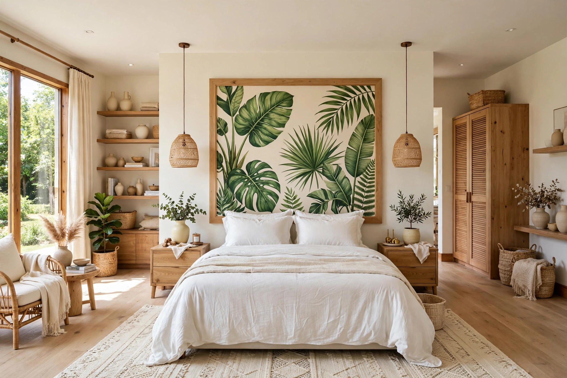 Bright bedroom with a framed botanical wallpaper panel headboard with large green leaves behind the bed, simple white bedding, wide-angle full room view