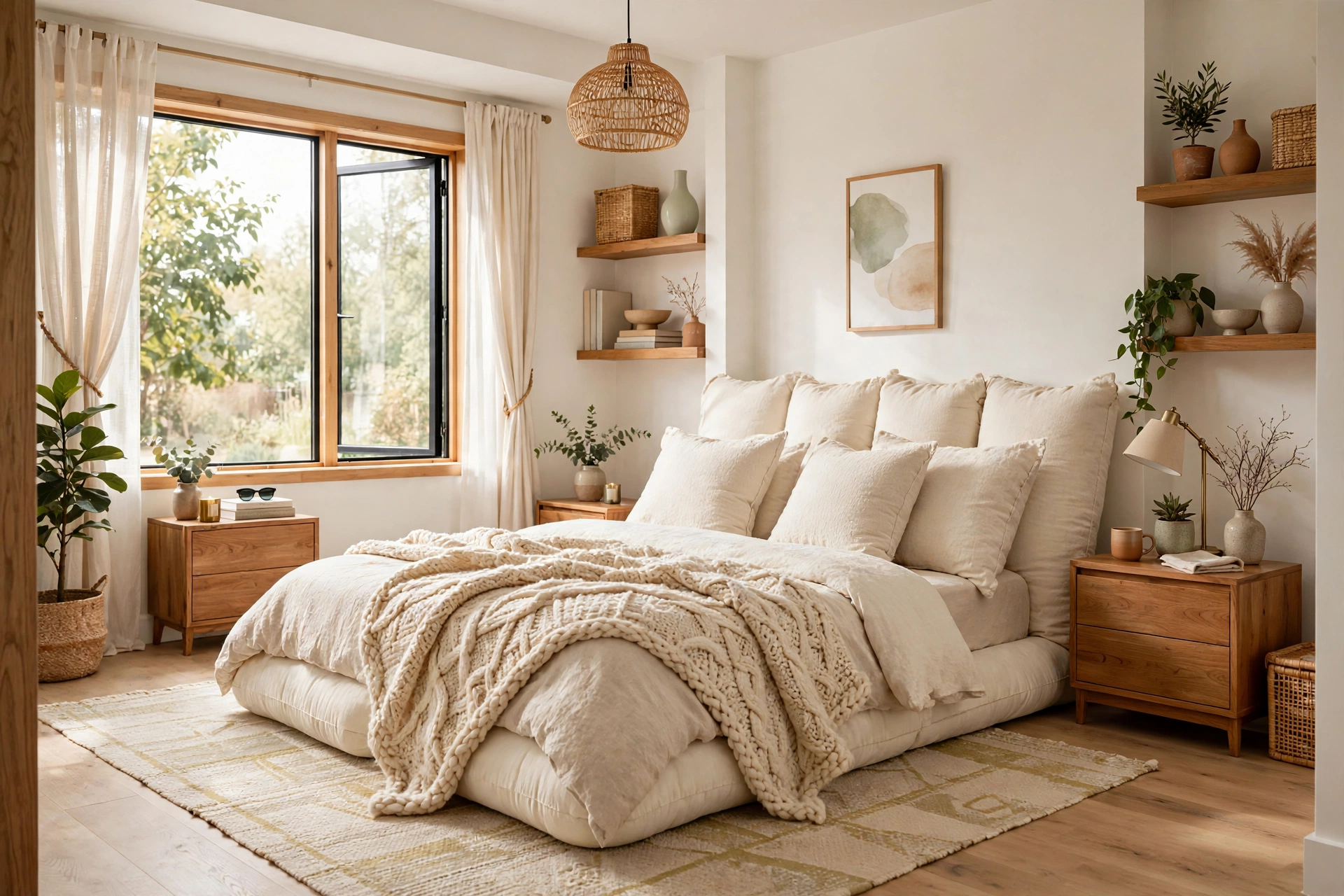 Bright cozy bedroom with oversized cream floor cushions leaned against the wall as a soft headboard behind the bed, knit throw, wide-angle full room view