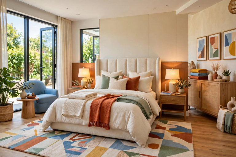Bright modern bedroom with a plush styled bed layered in cream bedding and folded throws, warm bedside lamplight, wide-angle full room view