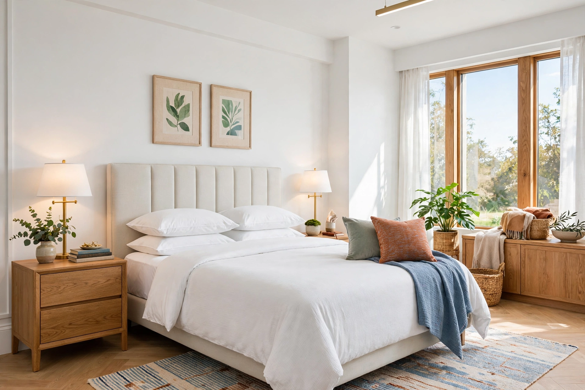 Bright bedroom with crisp white cotton percale bedding, tailored hotel-style bed, white walls, oak nightstands, wide-angle full room view