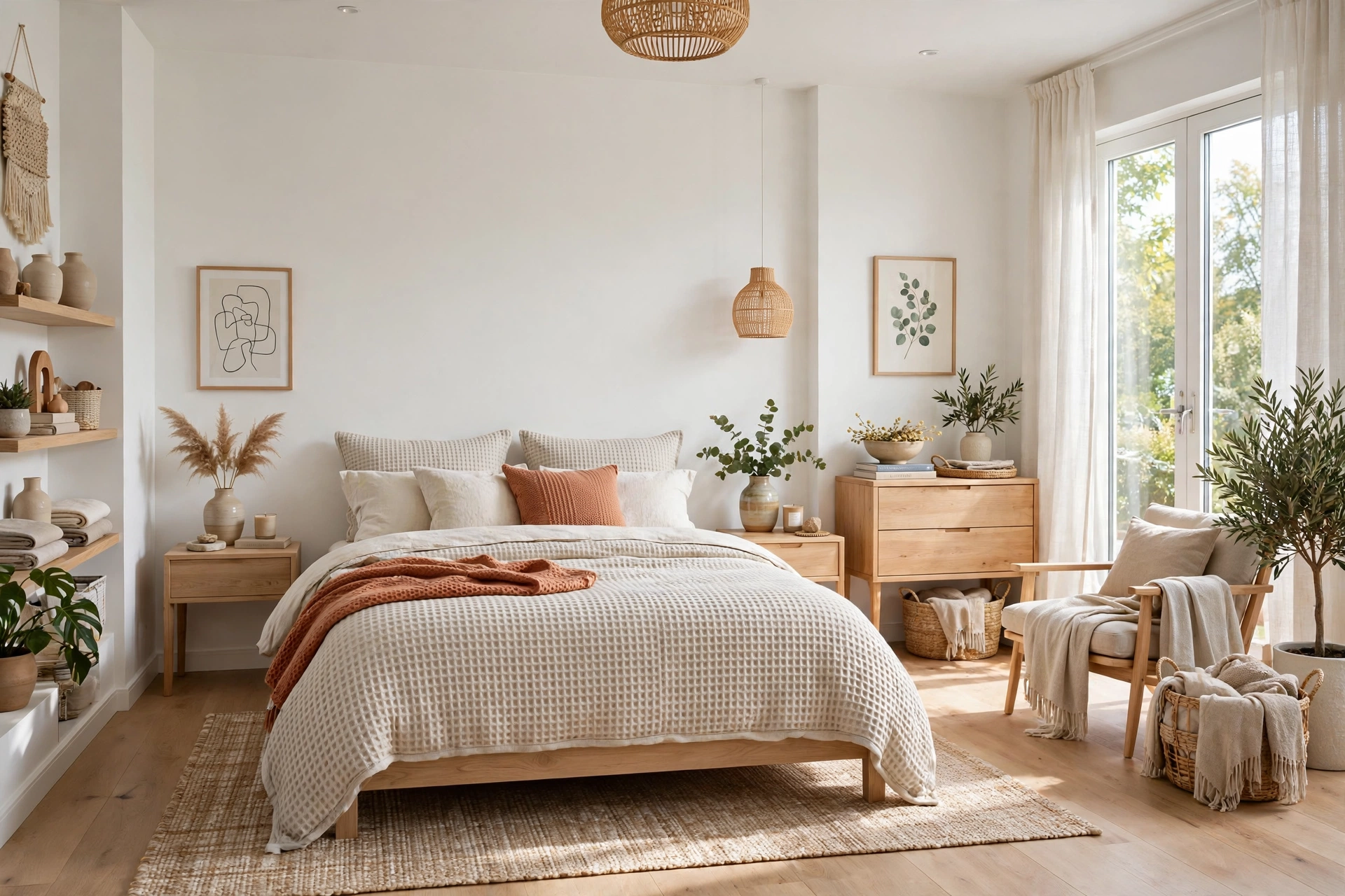 Scandinavian bedroom with oatmeal waffle knit bedding, textured duvet, light wood furniture, bright daylight, wide-angle full room view