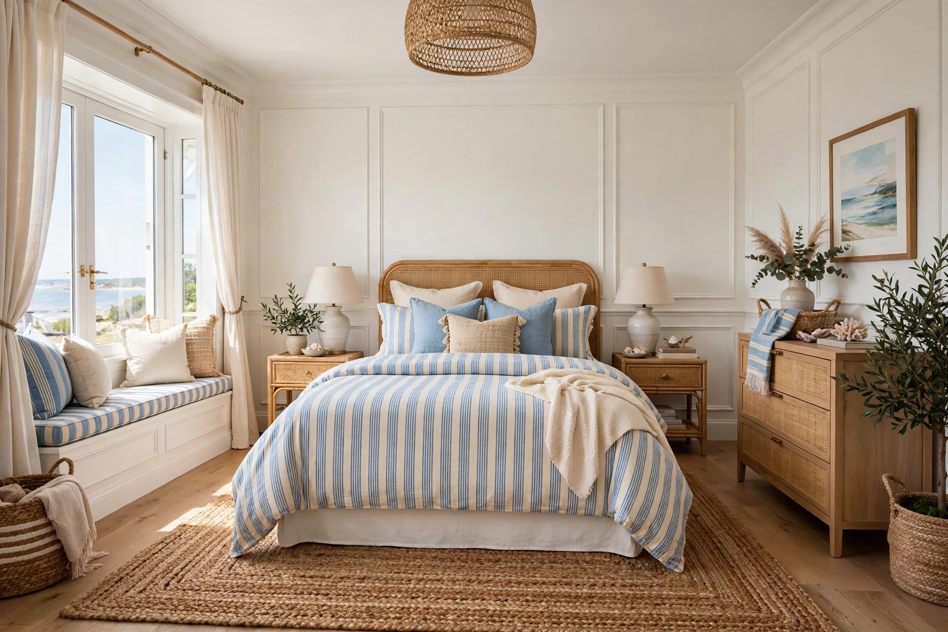 Coastal bedroom with blue and cream ticking stripe bedding, classic narrow stripes, white wainscoting, wide-angle full room view