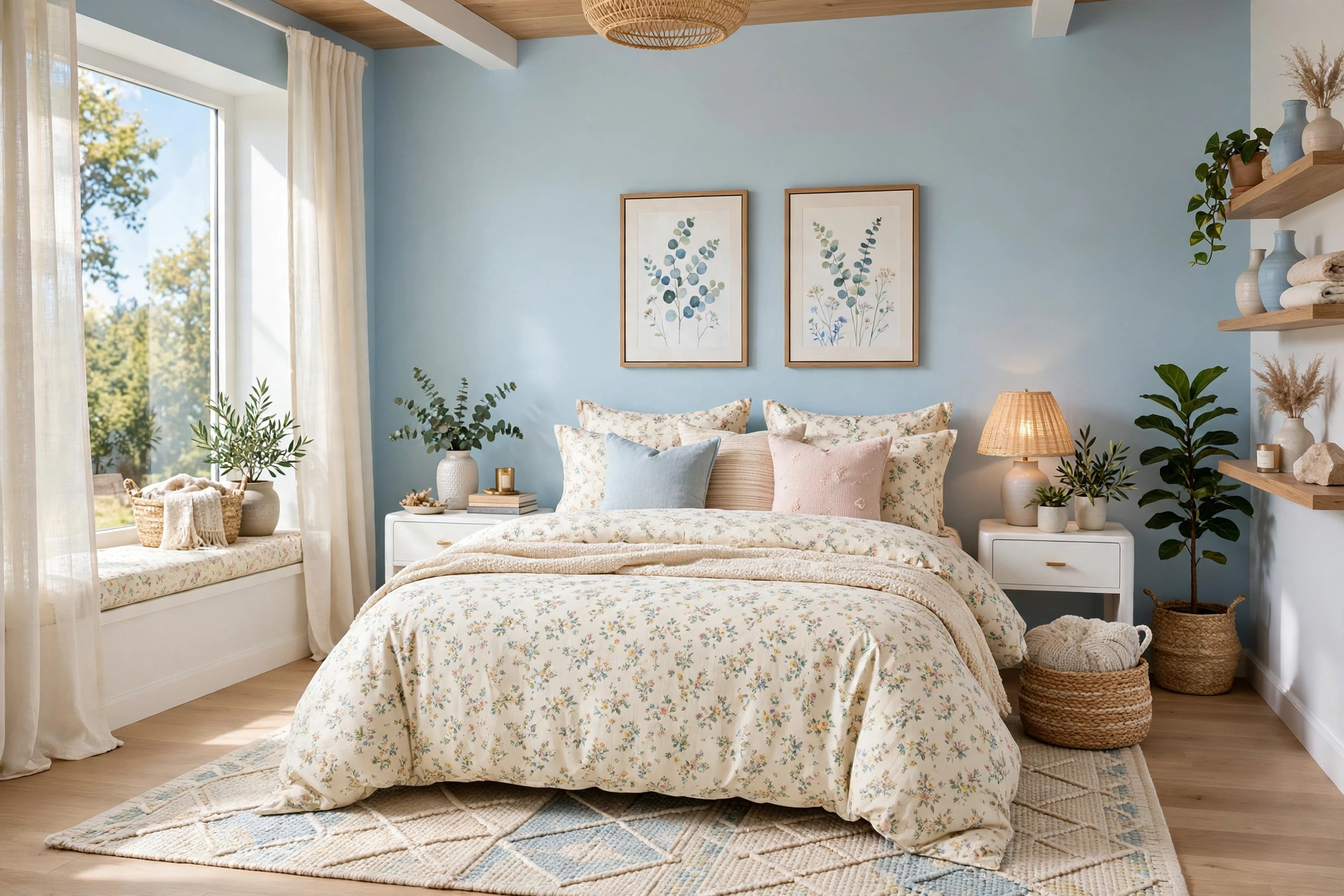 Cheerful bedroom with cream micro-floral print bedding, tiny blossoms, light blue walls, fresh daylight, wide-angle full room view
