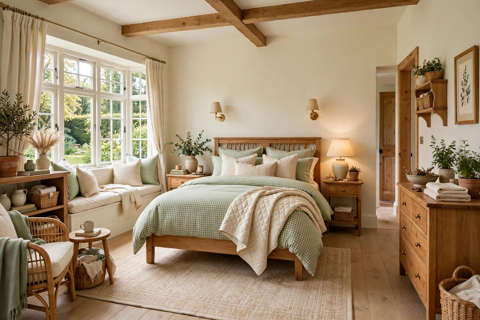 Cottage bedroom with sage gingham check bedding, charming check pattern, warm wood bed frame, wide-angle full room view