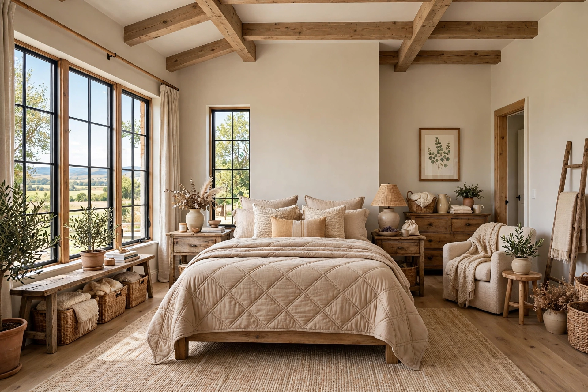 Farmhouse bedroom with warm neutral quilted coverlet bedding, stitched diamond pattern, rustic wood furniture, wide-angle full room view